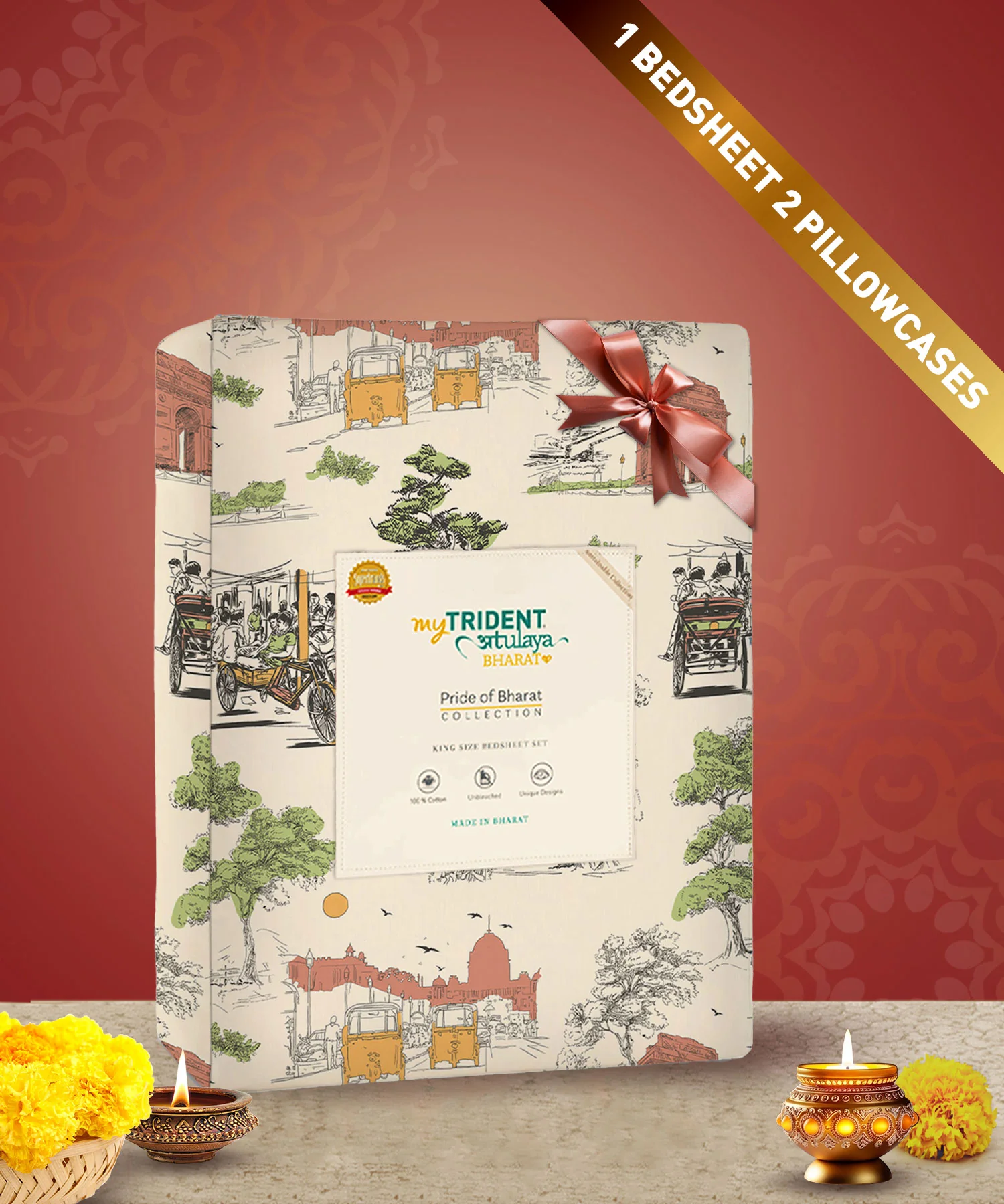 Atulaya Bharat King Bedsheet Set, Dilwalo Ki Dilli|144 TC Cotton|2 Pillow Covers - Image 3