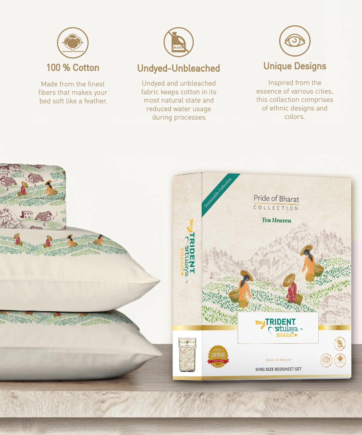 Atulaya Bharat King Bedsheet Set, Tea Heaven|144 TC Cotton|2 Pillow Covers - Image 7