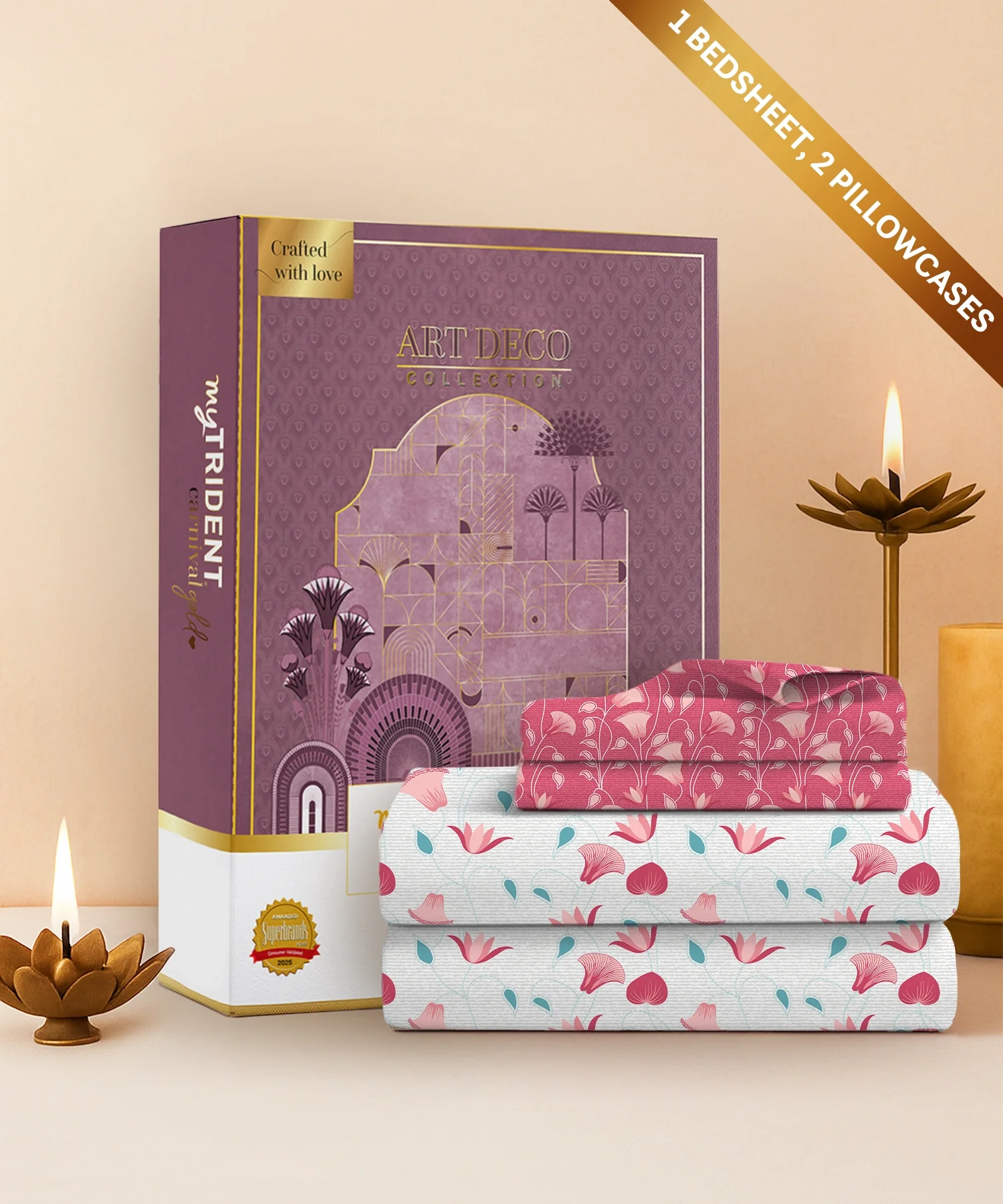 Carnival Gold Art Deco King Bedsheet, Ebony Pink| 144 TC Cotton| 2 Pillow Covers - Image 2