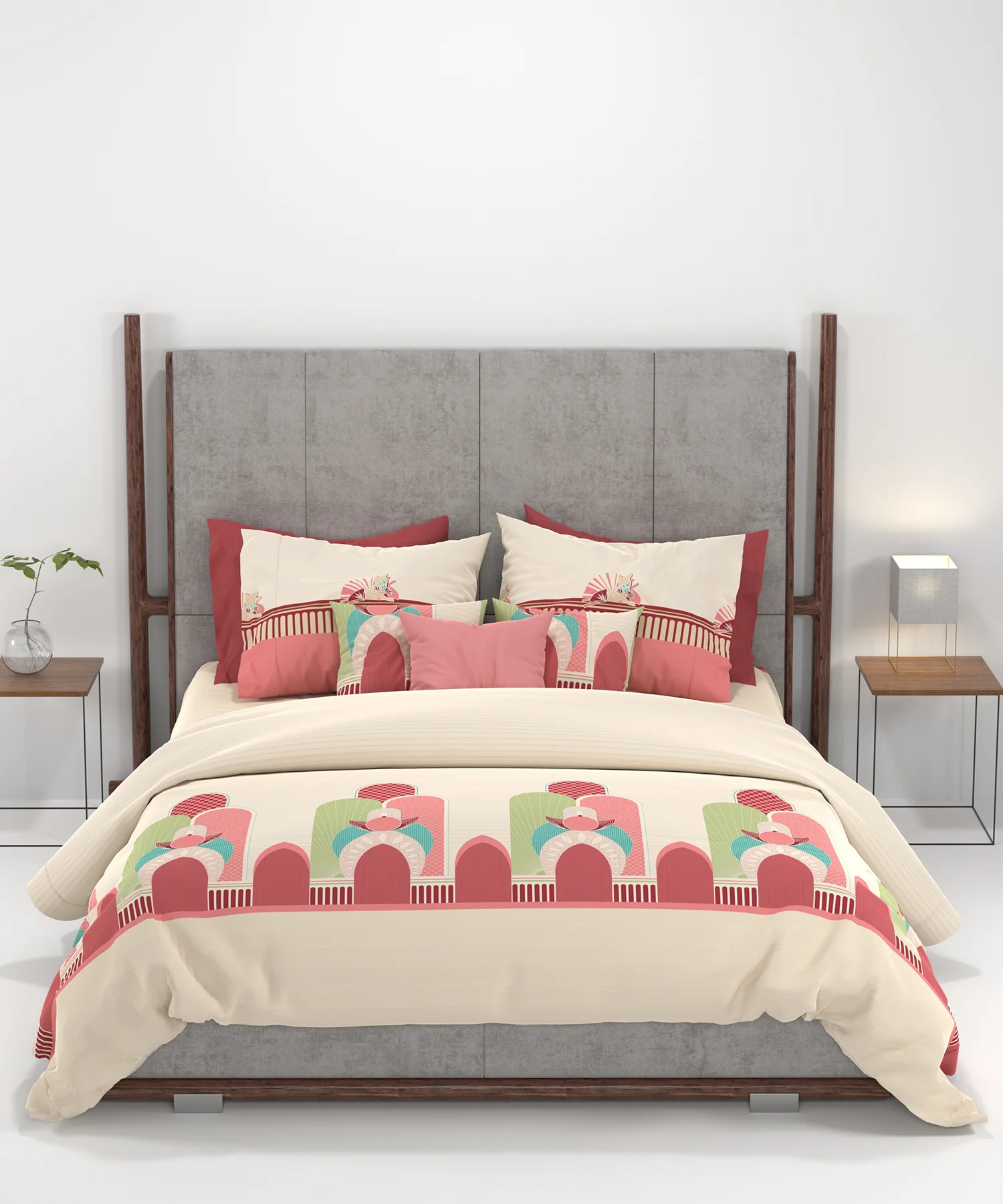 Carnival Gold Art Deco King Bedsheet, Pharaoh Red| 144 TC Cotton| 2 Pillow Covers
