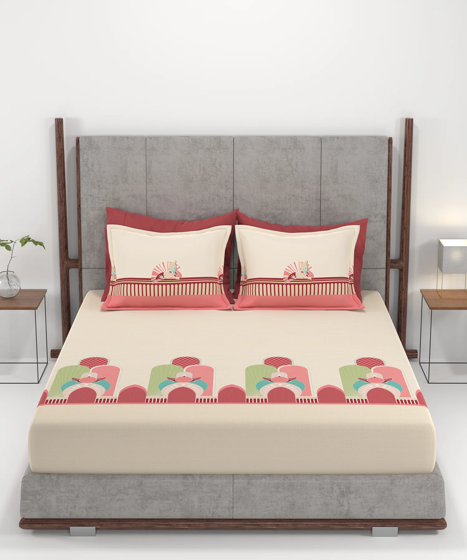 Carnival Gold Art Deco King Bedsheet, Pharaoh Red| 144 TC Cotton| 2 Pillow Covers - Image 4