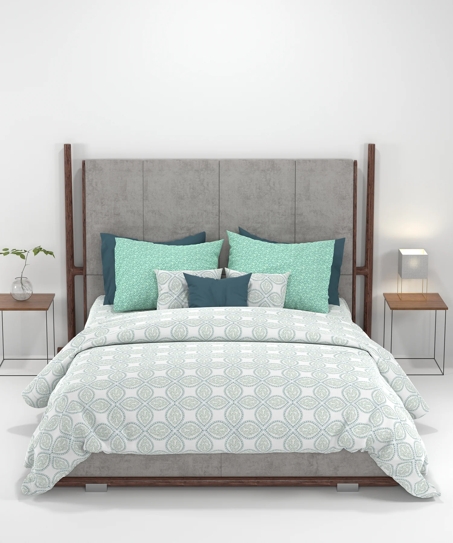 Carnival Ornate Queen Bedsheet, Chaithra Ice Green |144 TC Cotton| 2 Pillow Covers