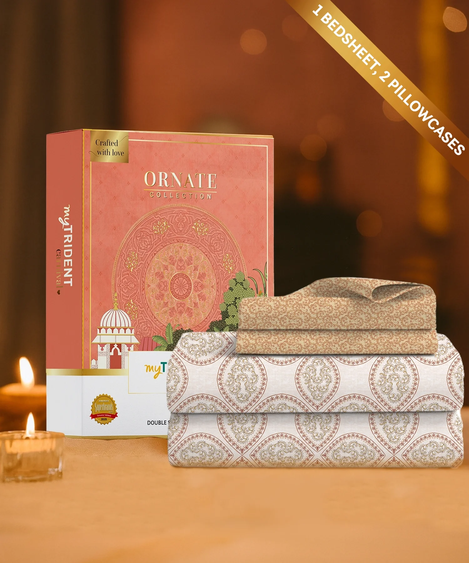 Carnival Ornate Queen Bedsheet, Chaithra Orange |144 TC Cotton| 2 Pillow Covers - Image 2