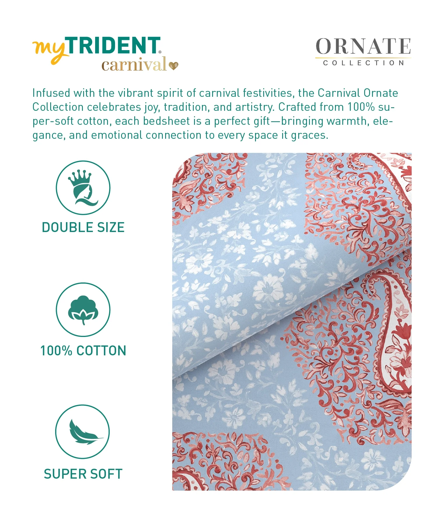 Carnival Ornate Queen Bedsheet, Heer Powder Blue|144 TC Cotton| 2 Pillow Covers - Image 8