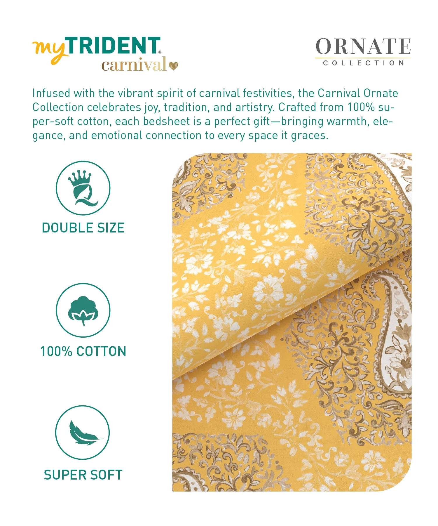 Carnival Ornate Queen Bedsheet, Heer Yellow|144 TC Cotton| 2 Pillow Covers - Image 8