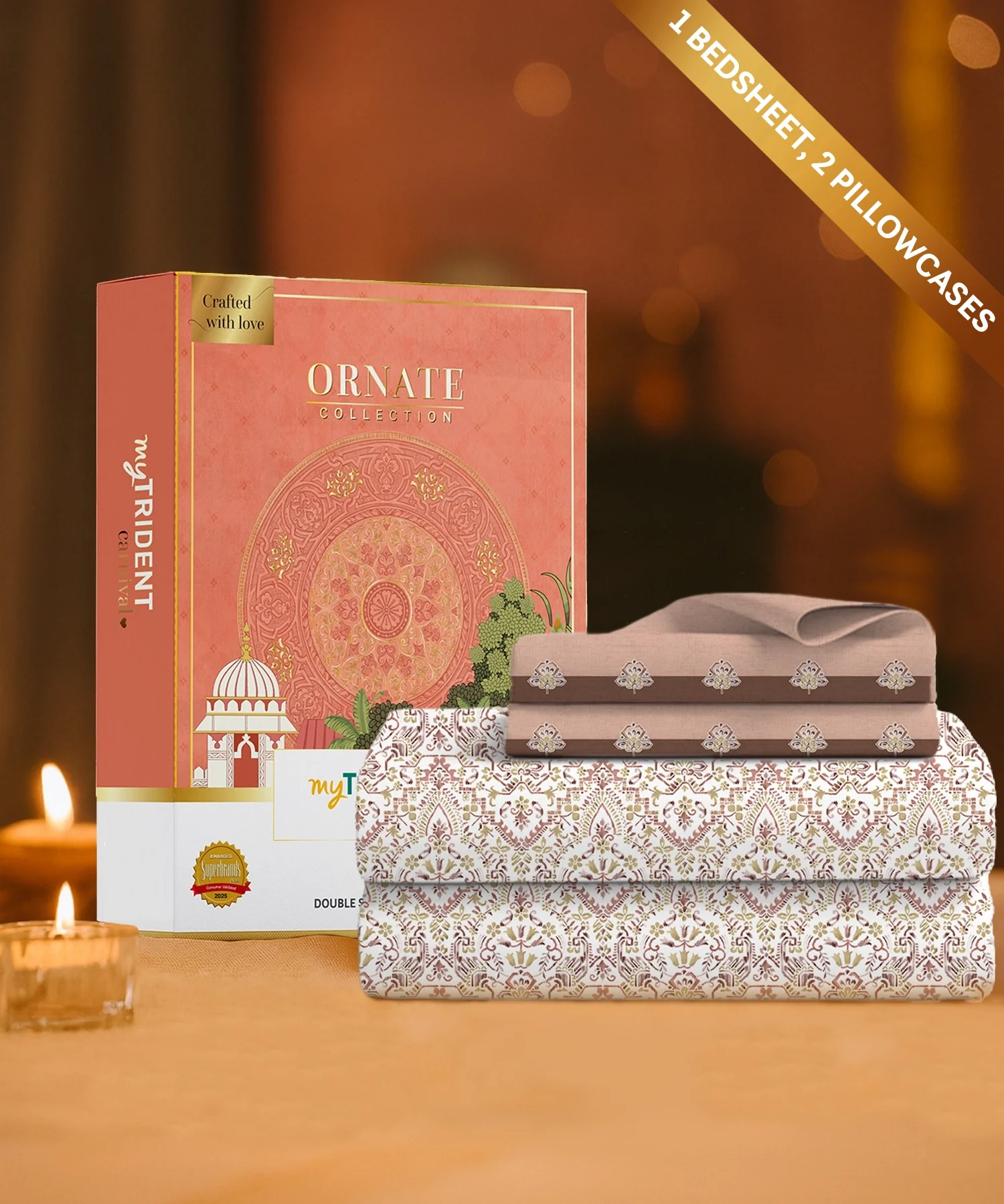 Carnival Ornate Queen Bedsheet, Mehendi Rust |144 TC Cotton| 2 Pillow Covers - Image 2
