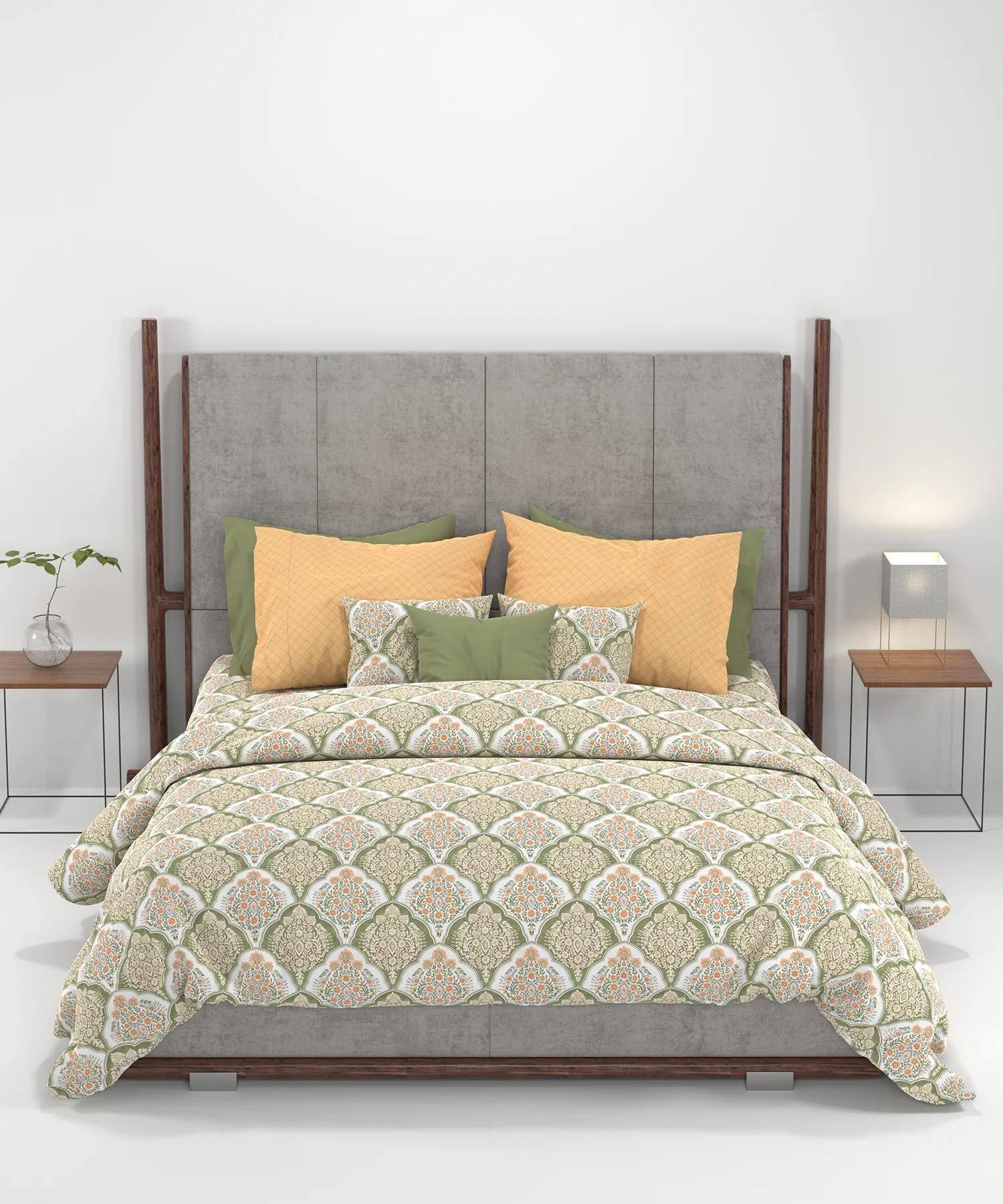 Carnival Ornate Queen Bedsheet, Manohari Sage |144 TC Cotton| 2 Pillow Covers