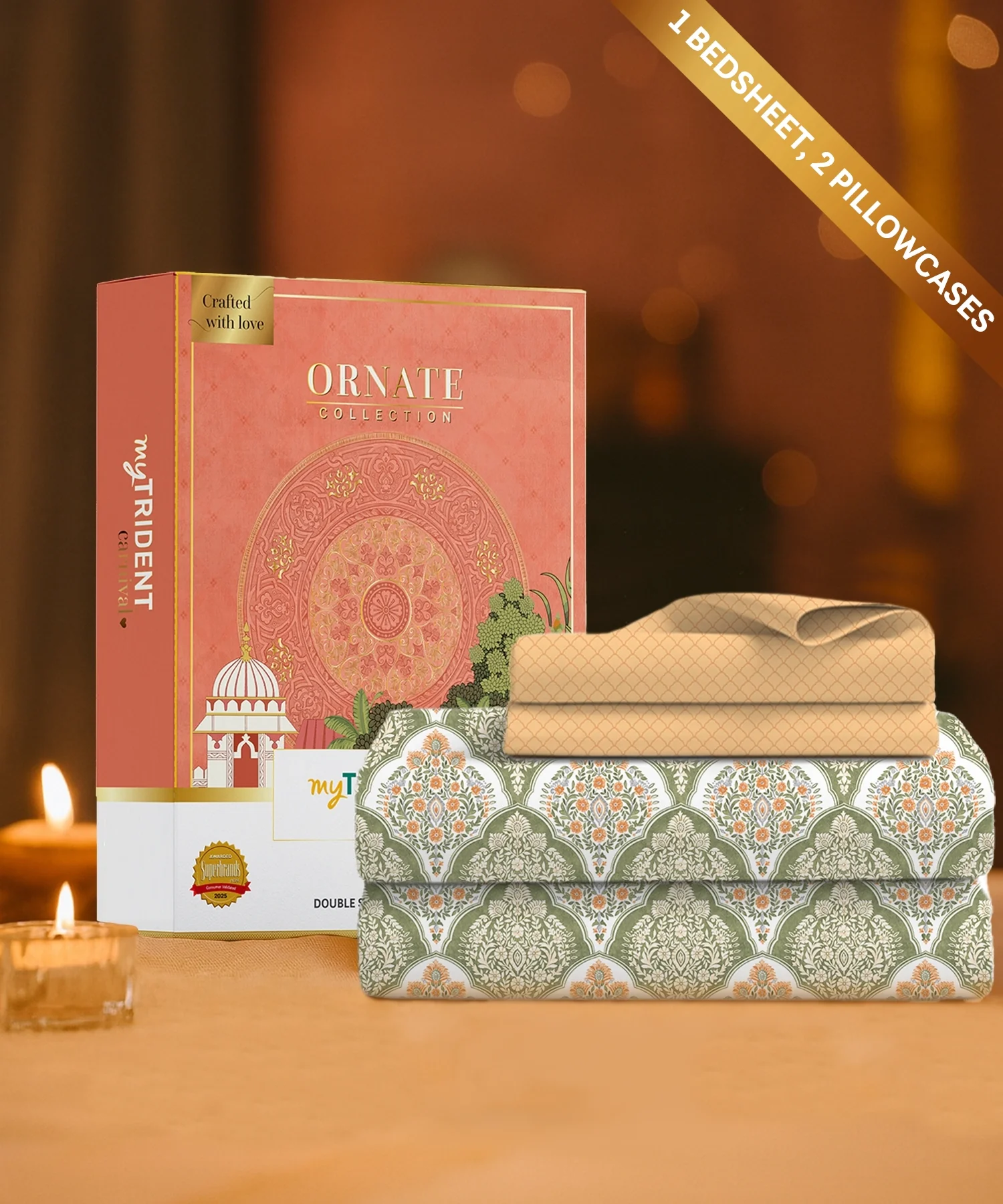 Carnival Ornate Queen Bedsheet, Manohari Sage |144 TC Cotton| 2 Pillow Covers - Image 2