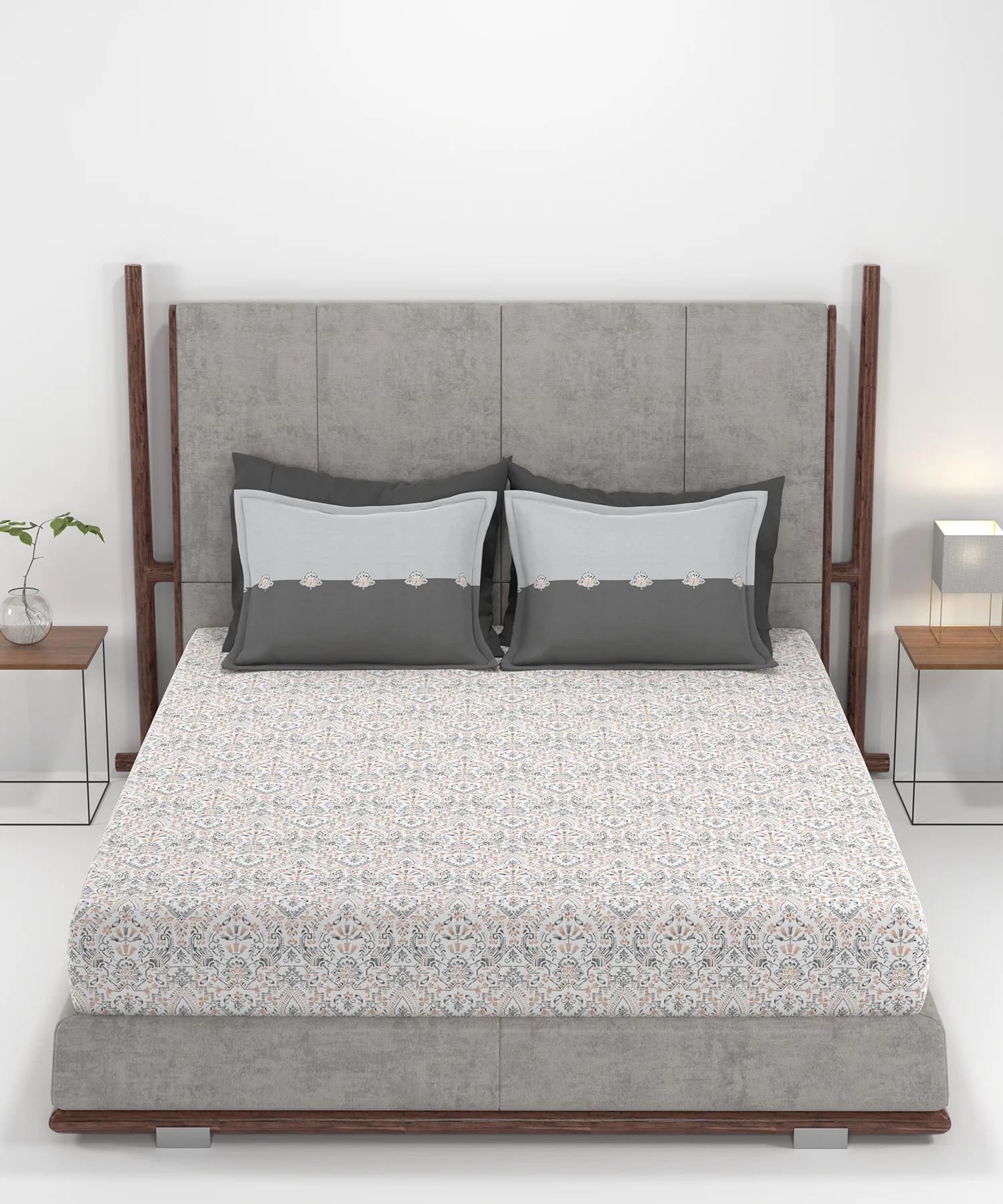 Carnival Ornate Queen Bedsheet, Mehendi Grey |144 TC Cotton| 2 Pillow Covers - Image 4