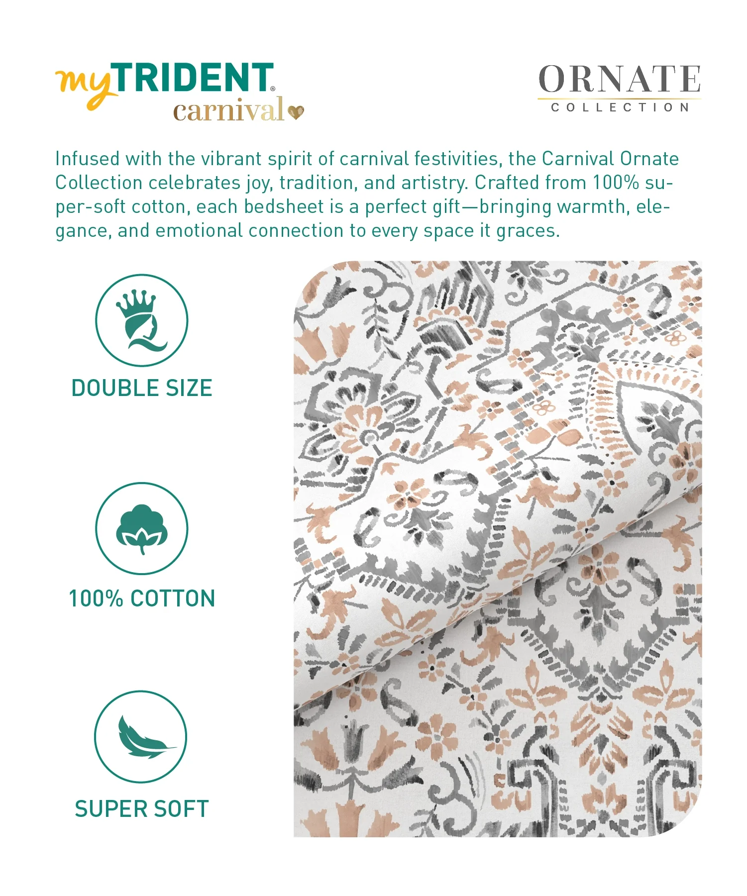 Carnival Ornate Queen Bedsheet, Mehendi Grey |144 TC Cotton| 2 Pillow Covers - Image 8