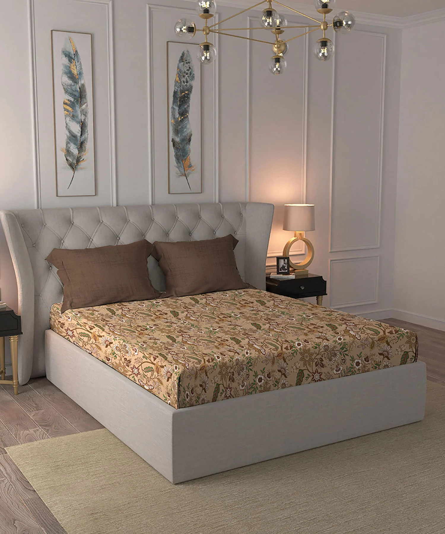 Celebration Queen Bedsheet Set, Chintz Brown|144 TC Cotton|2 Pillow Covers - Image 4