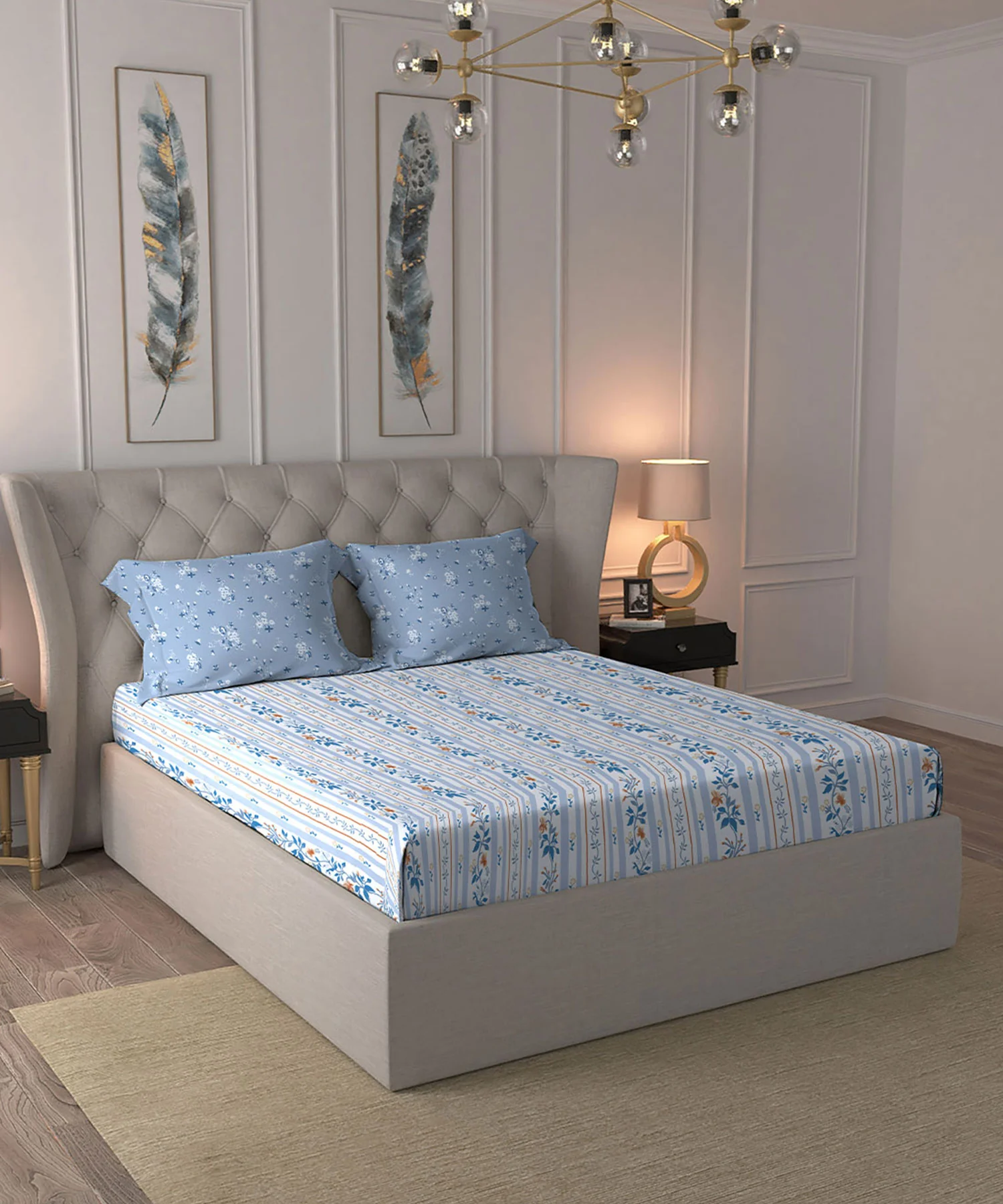 Celebration Queen Bedsheet Set, English Garden Blue|144 TC Cotton|2 Pillow Covers - Image 4