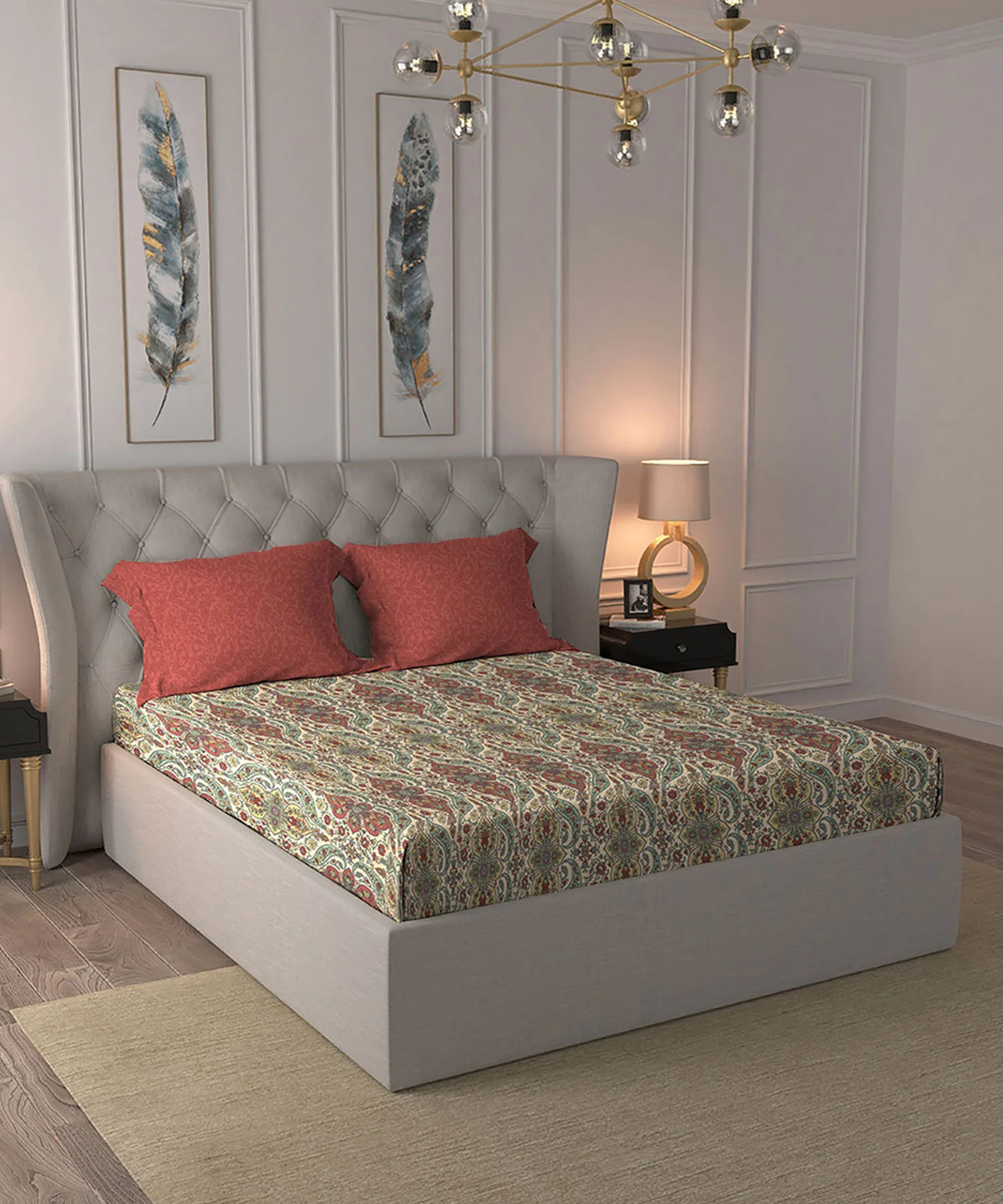 Celebration Queen Bedsheet Set, Feza Beige|144 TC Cotton|2 Pillow Covers - Image 4