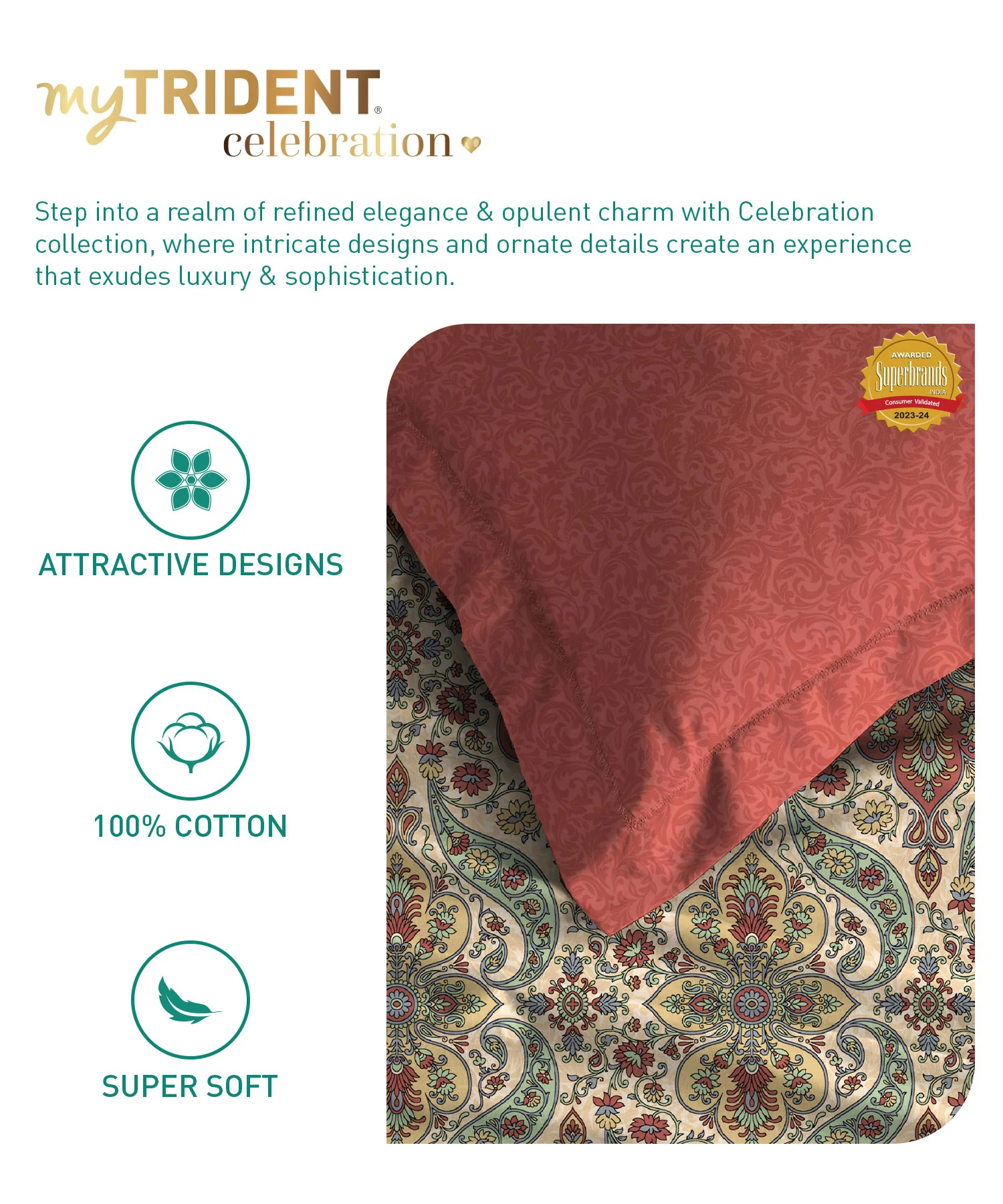 Celebration Queen Bedsheet Set, Feza Beige|144 TC Cotton|2 Pillow Covers - Image 6