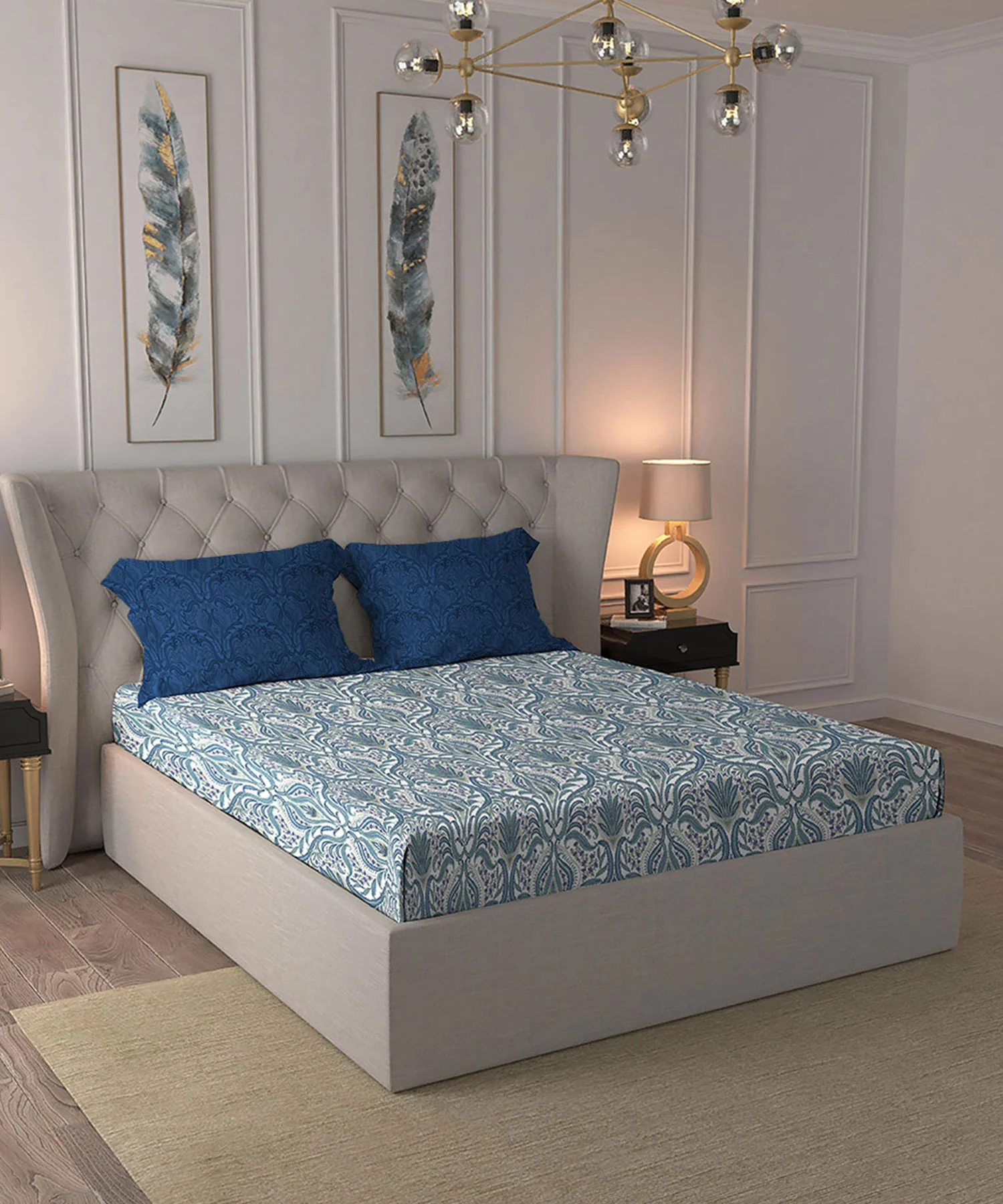 Celebration Queen Bedsheet Set, Gulnaz Blue|144 TC Cotton|2 Pillow Covers - Image 4