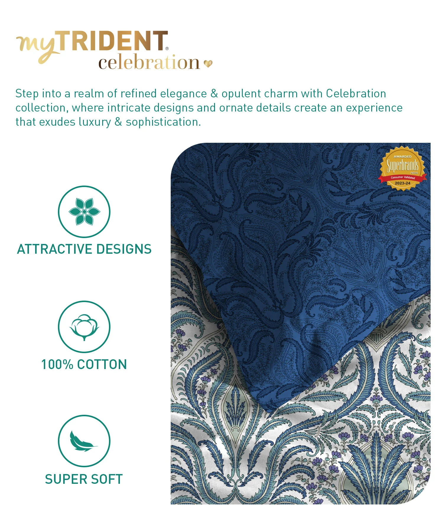 Celebration Queen Bedsheet Set, Gulnaz Blue|144 TC Cotton|2 Pillow Covers - Image 6