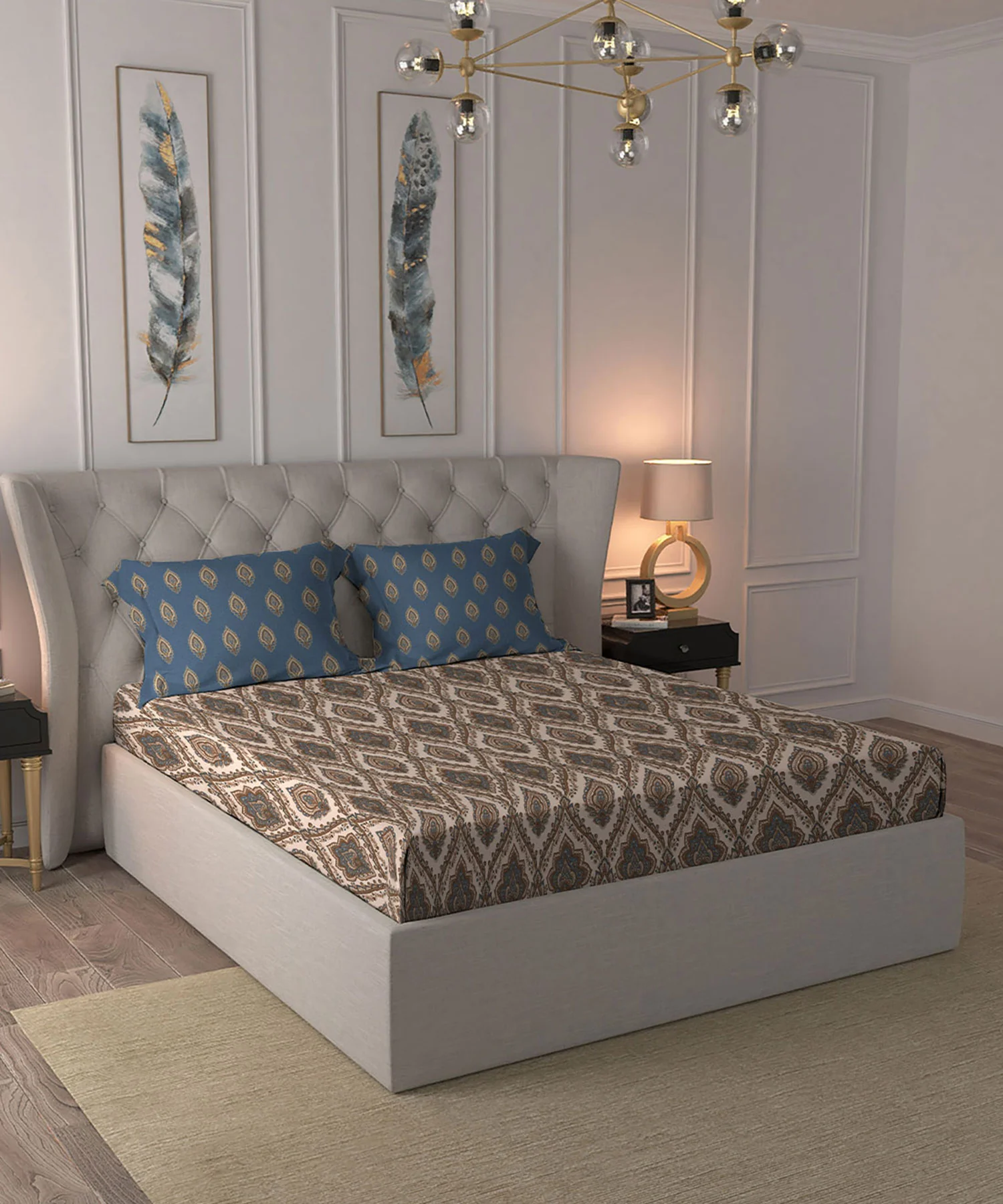 Celebration Queen Bedsheet Set, Noor Beige|144 TC Cotton|2 Pillow Covers - Image 4