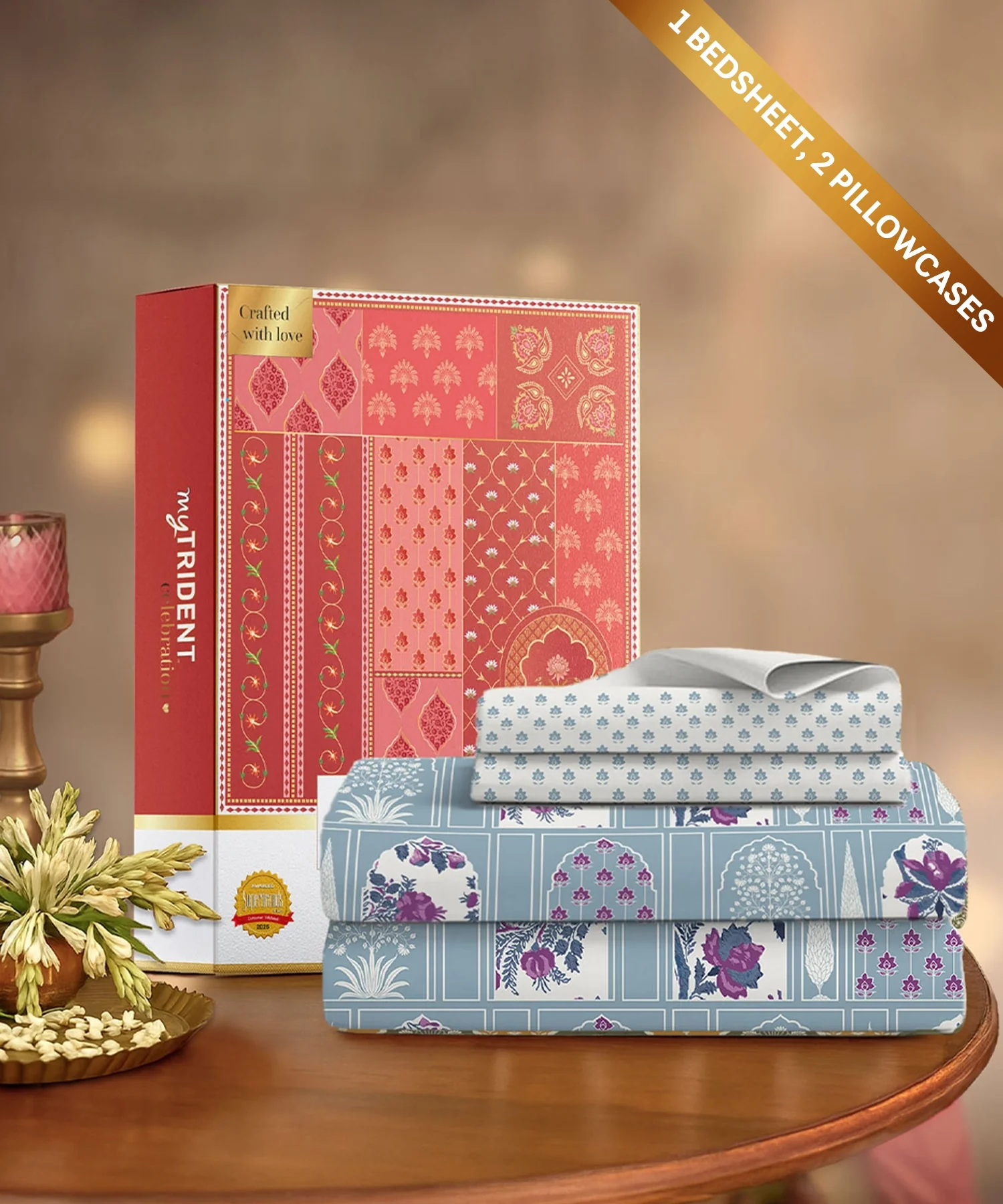 Celebration Queen Bedsheet Set, Aangan Blue | 144 TC Cotton| 2 Pillow Covers - Image 2