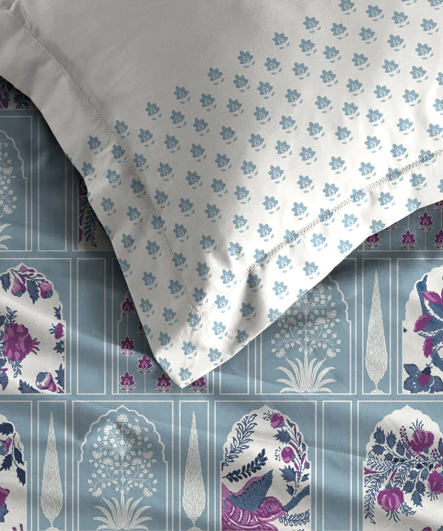 Celebration Queen Bedsheet Set, Aangan Blue | 144 TC Cotton| 2 Pillow Covers - Image 3