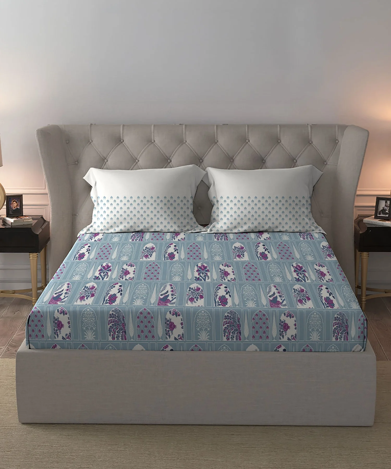 Celebration Queen Bedsheet Set, Aangan Blue | 144 TC Cotton| 2 Pillow Covers - Image 4