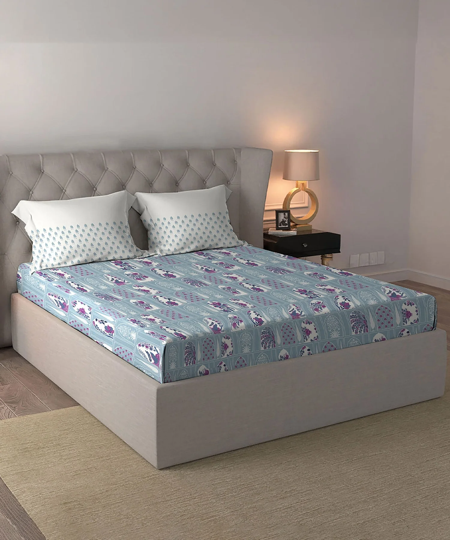 Celebration Queen Bedsheet Set, Aangan Blue | 144 TC Cotton| 2 Pillow Covers - Image 5