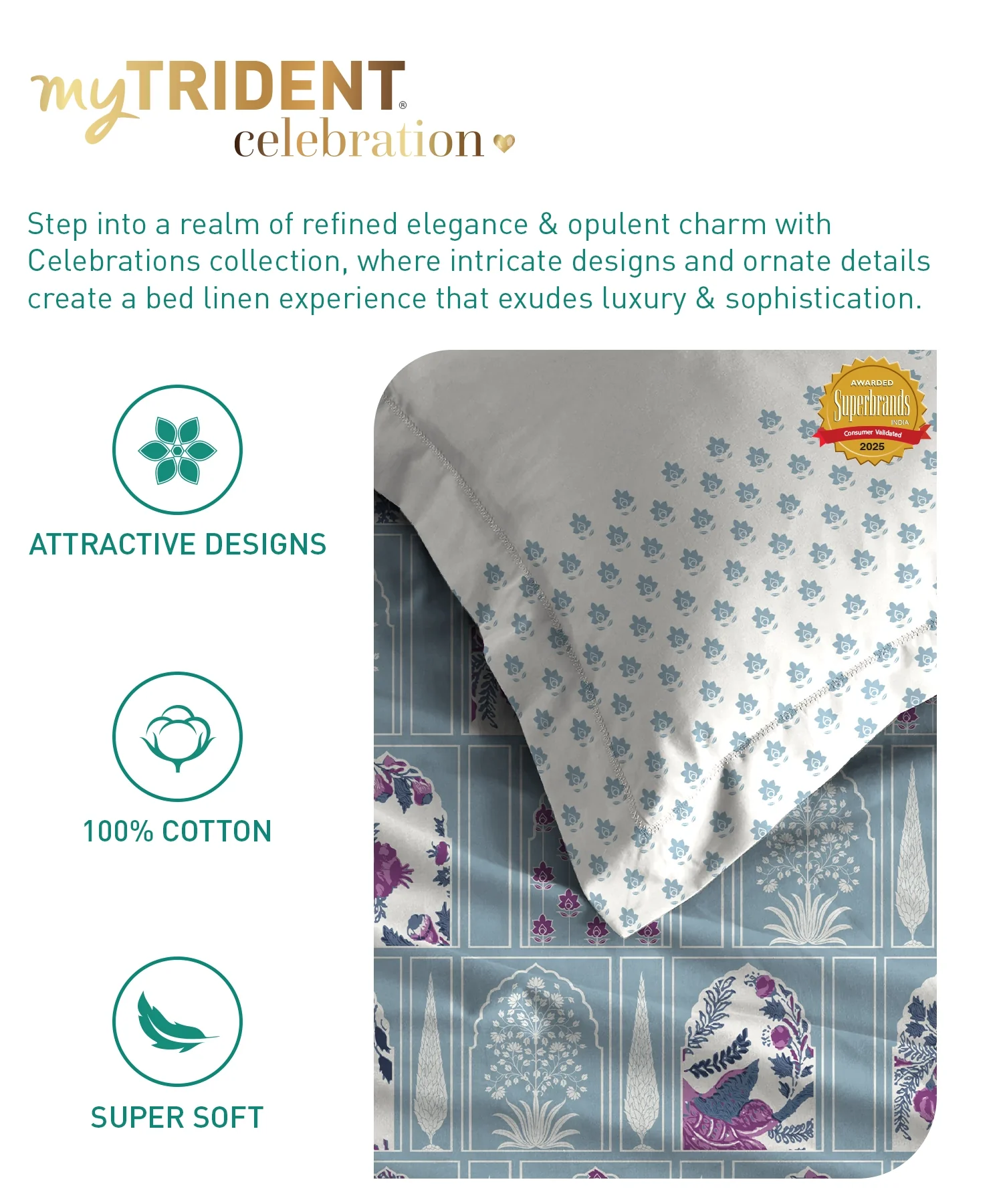 Celebration Queen Bedsheet Set, Aangan Blue | 144 TC Cotton| 2 Pillow Covers - Image 7