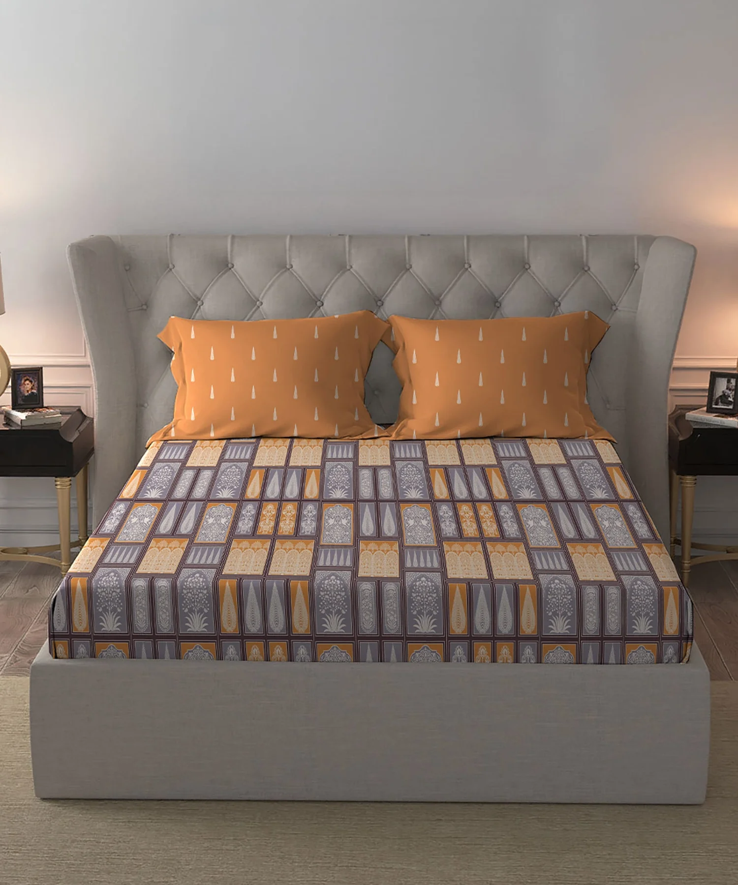 Celebration Queen Bedsheet Set, Gharana Grey | 144 TC Cotton| 2 Pillow Covers - Image 4