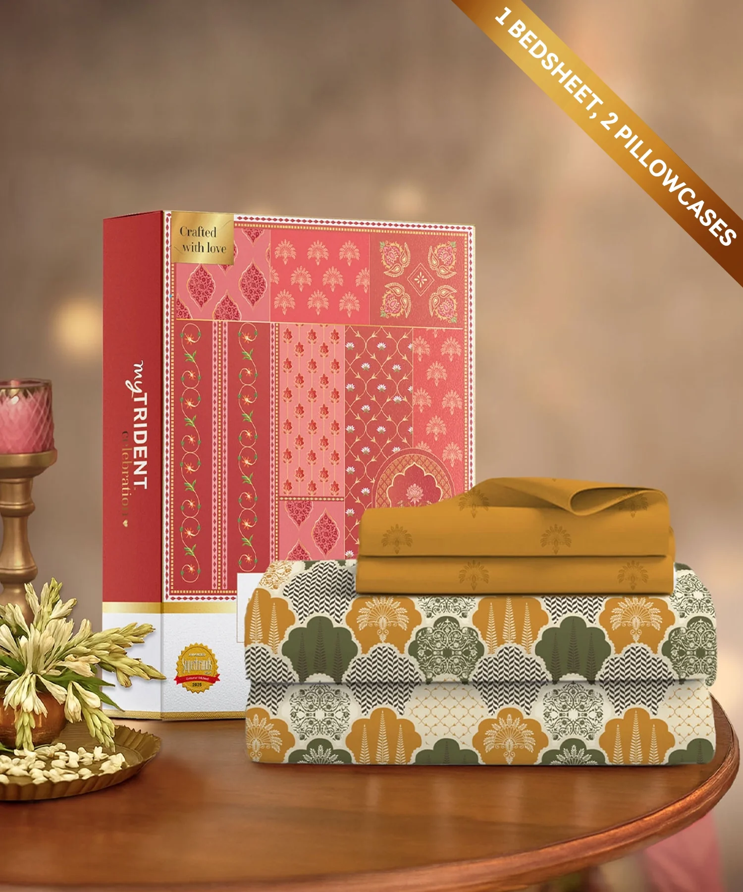 Celebration Queen Bedsheet Set, Mehfil Mustard | 144 TC Cotton| 2 Pillow Covers - Image 2