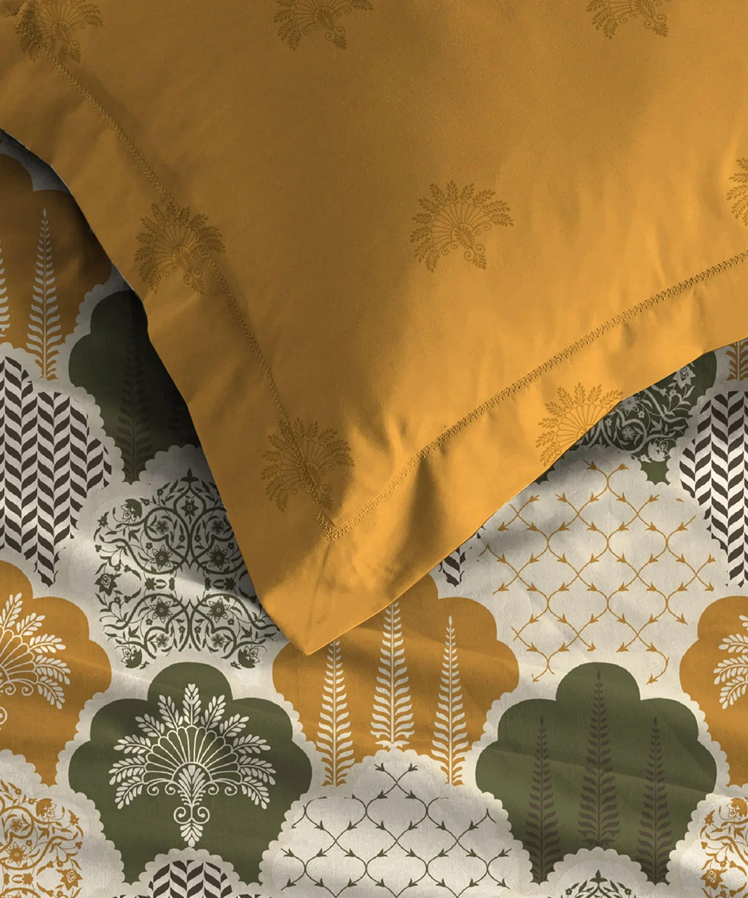 Celebration Queen Bedsheet Set, Mehfil Mustard | 144 TC Cotton| 2 Pillow Covers - Image 3