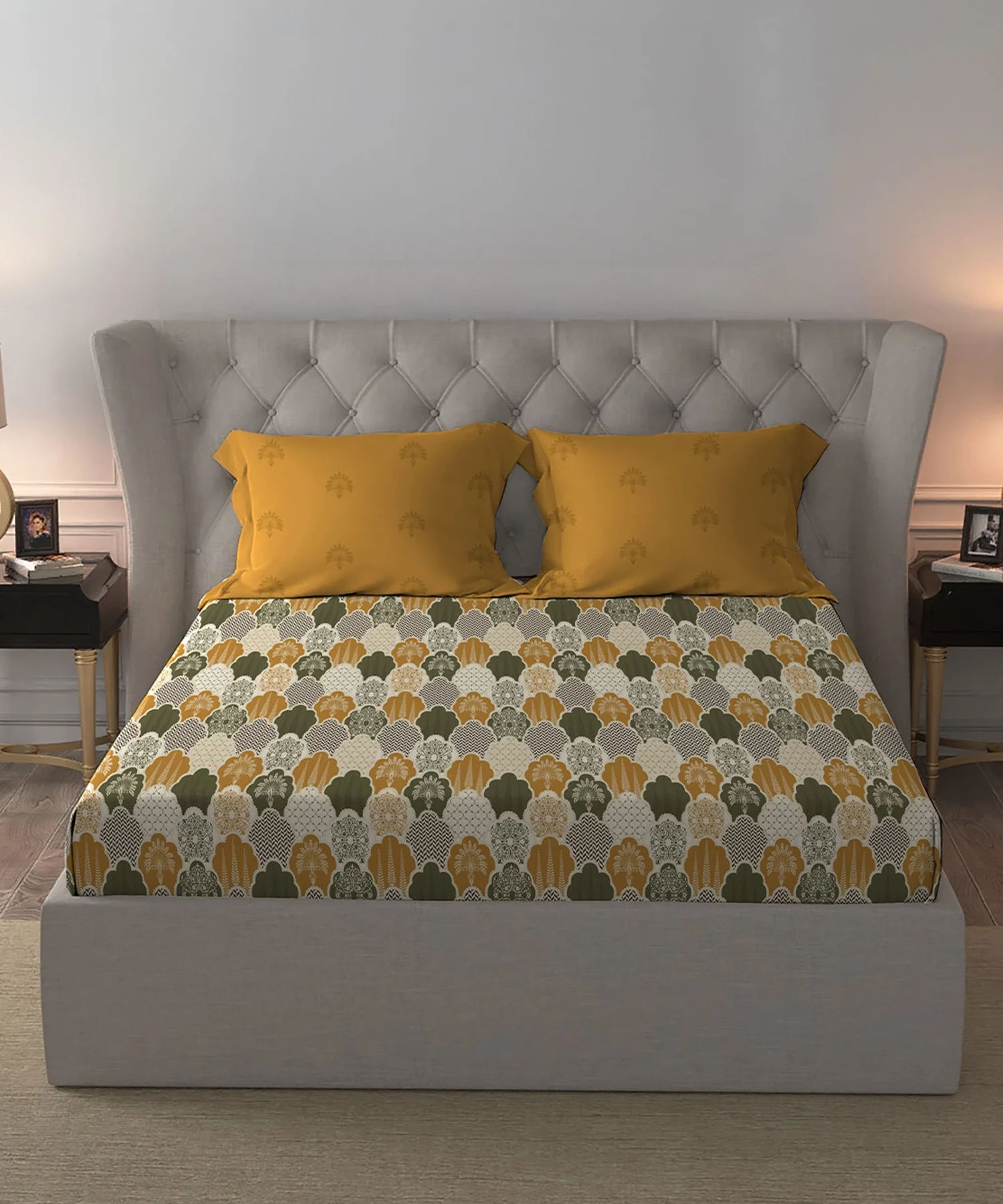 Celebration Queen Bedsheet Set, Mehfil Mustard | 144 TC Cotton| 2 Pillow Covers - Image 4