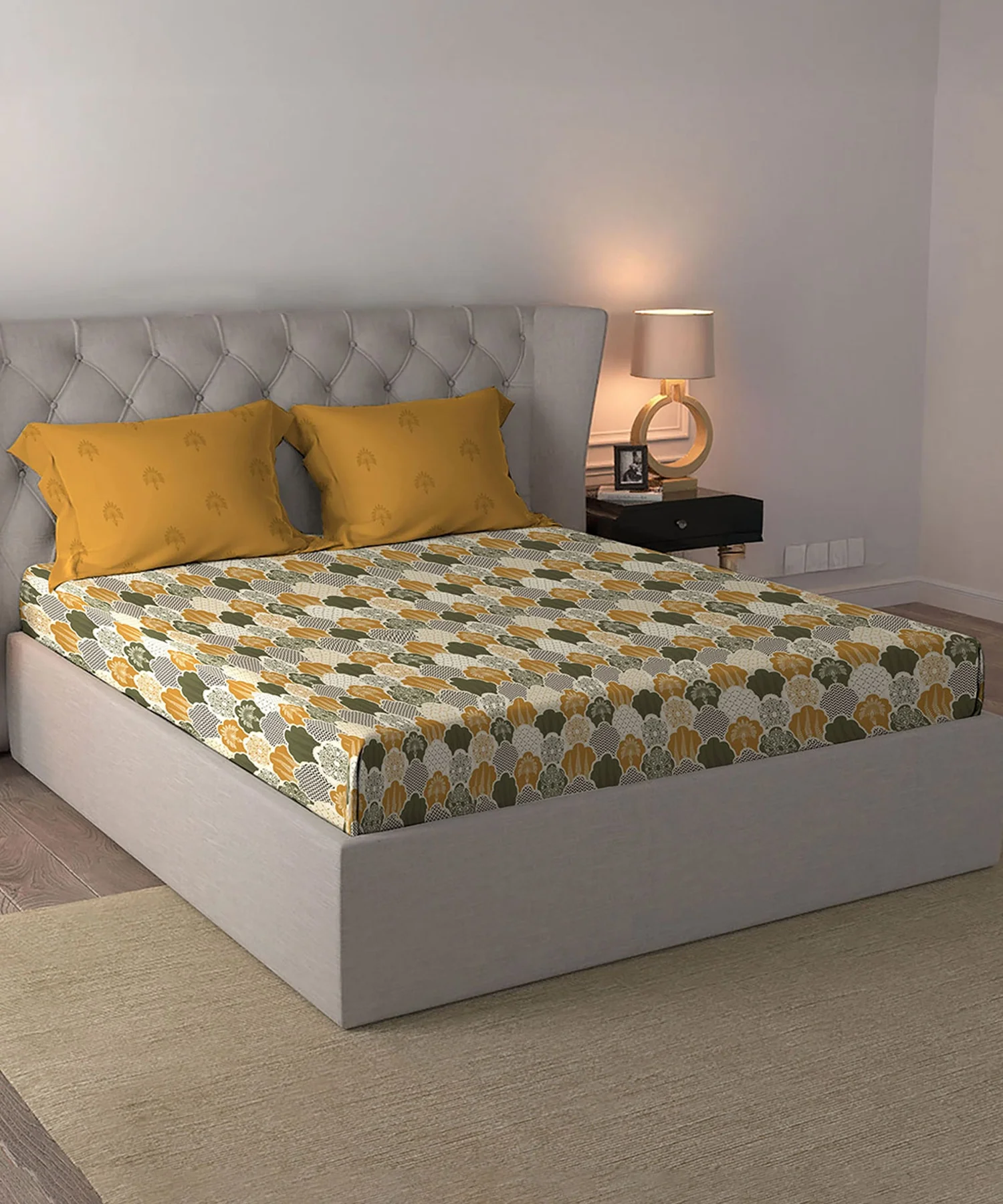 Celebration Queen Bedsheet Set, Mehfil Mustard | 144 TC Cotton| 2 Pillow Covers - Image 5
