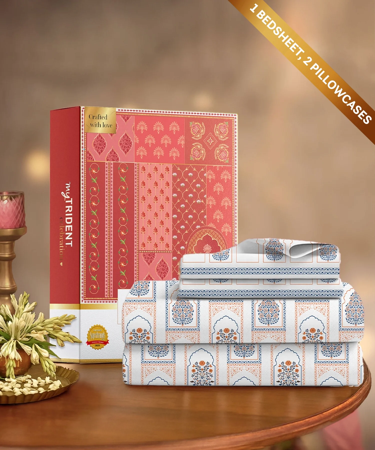 Celebration Queen Bedsheet Set, Mehira Grey | 144 TC Cotton| 2 Pillow Covers - Image 2