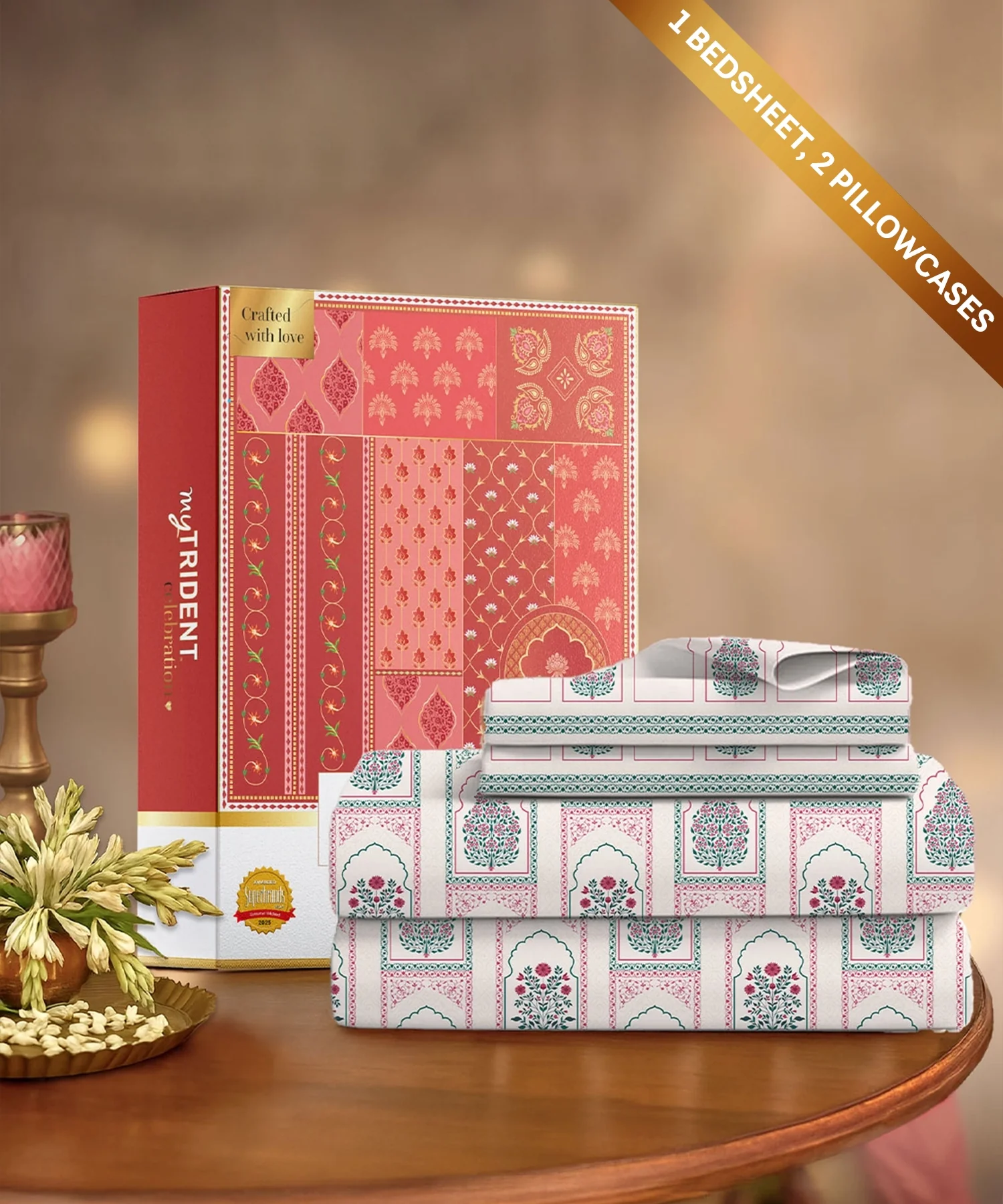 Celebration Queen Bedsheet Set, Mehira Pink | 144 TC Cotton| 2 Pillow Covers - Image 2