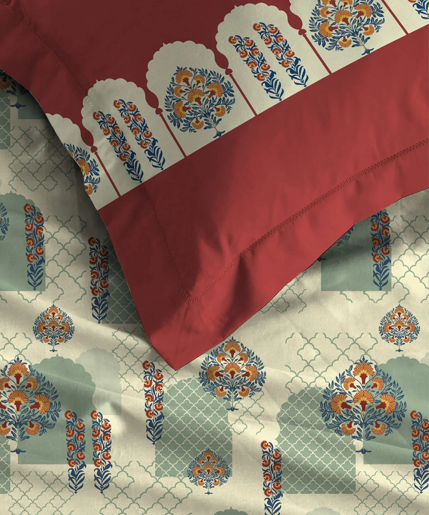 Celebration Queen Bedsheet Set, Ruhani Orange | 144 TC Cotton| 2 Pillow Covers - Image 3