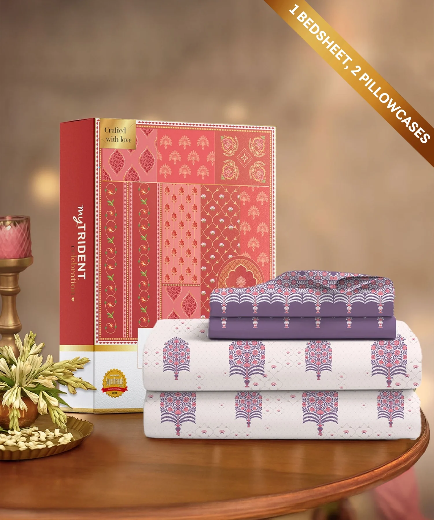 Celebration Queen Bedsheet Set, Saanjh Purple | 144 TC Cotton| 2 Pillow Covers - Image 2