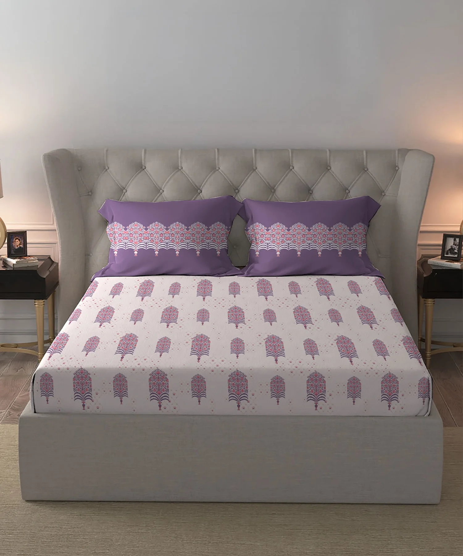 Celebration Queen Bedsheet Set, Saanjh Purple | 144 TC Cotton| 2 Pillow Covers - Image 4