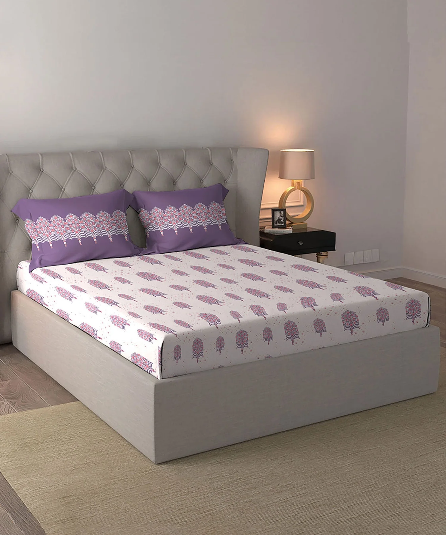 Celebration Queen Bedsheet Set, Saanjh Purple | 144 TC Cotton| 2 Pillow Covers - Image 5