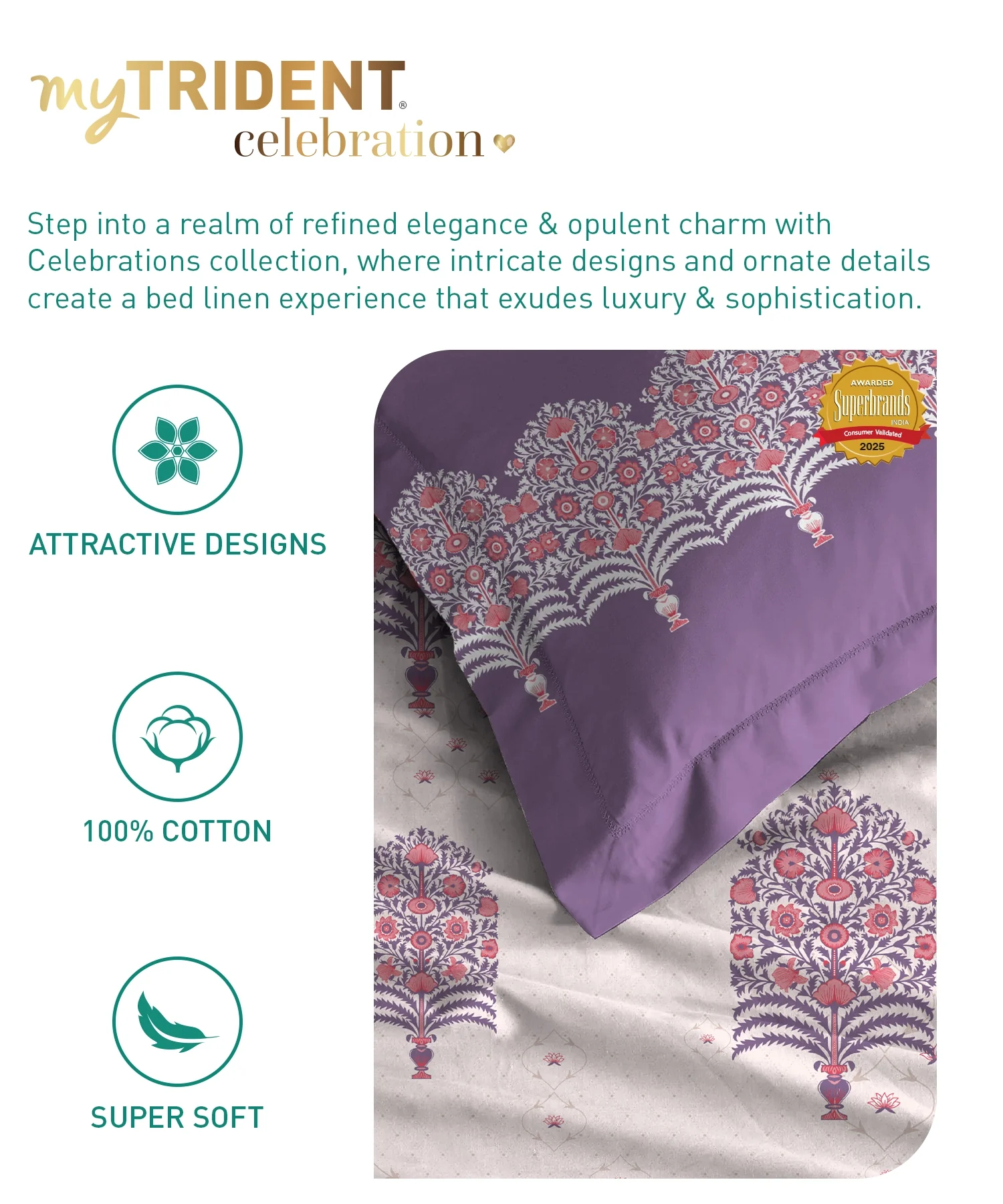 Celebration Queen Bedsheet Set, Saanjh Purple | 144 TC Cotton| 2 Pillow Covers - Image 7