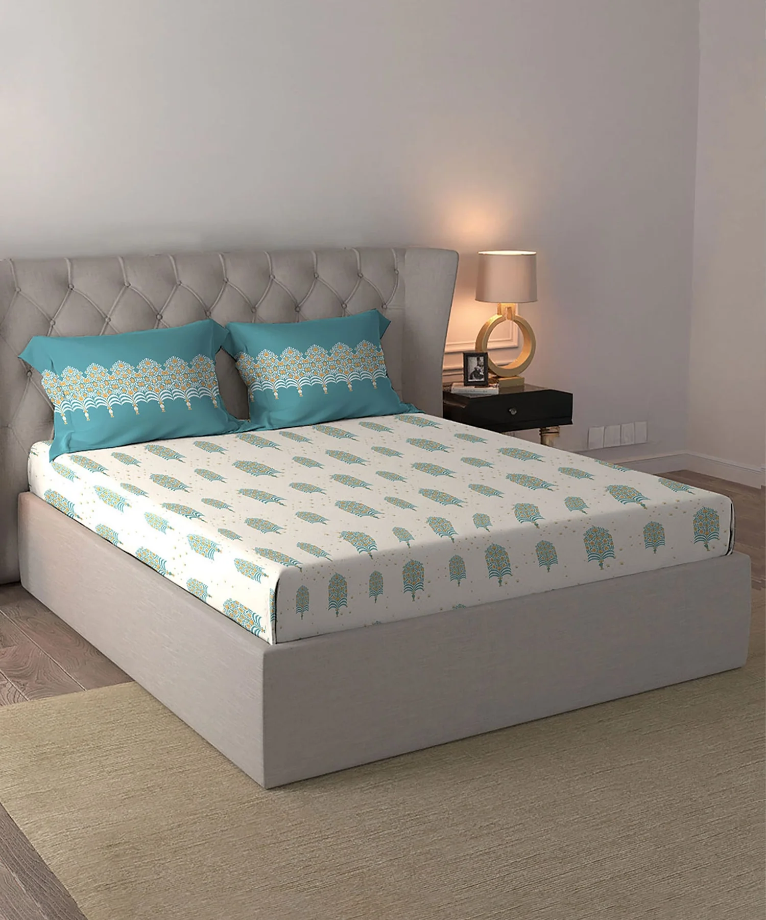 Celebration Queen Bedsheet Set, Saanjh Teal | 144 TC Cotton| 2 Pillow Covers - Image 5