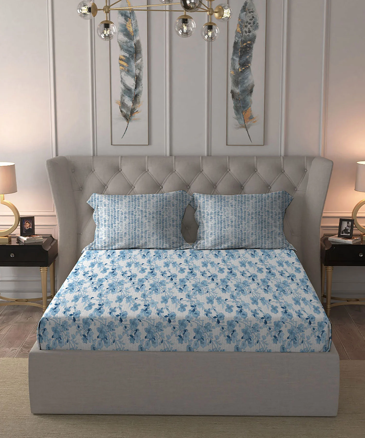 Celebration Queen Bedsheet Set, Shabnam Blue|144 TC Cotton|2 Pillow Covers