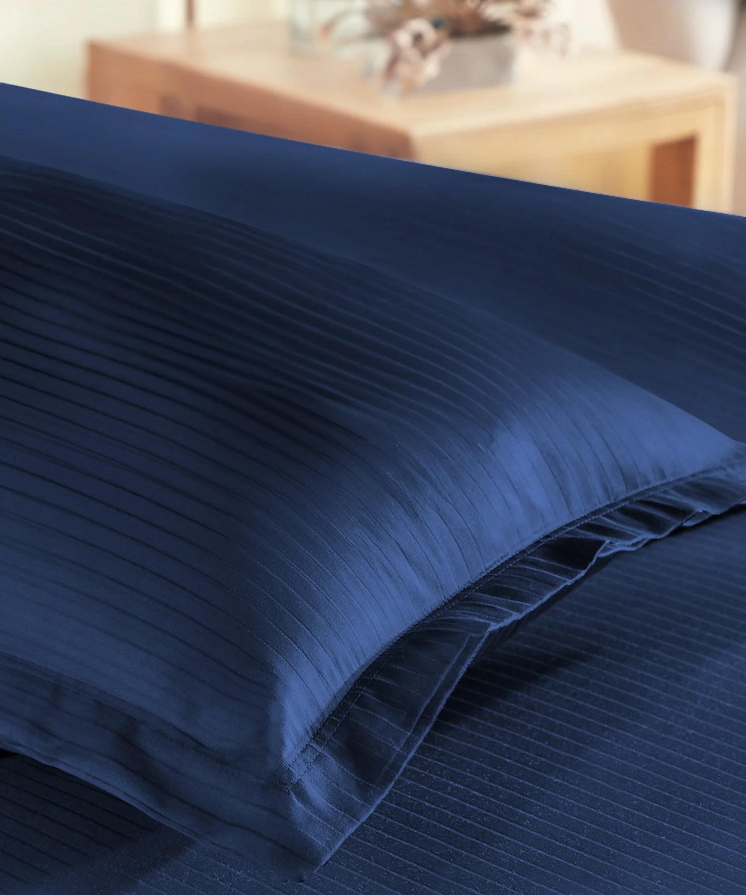 Classic Stripe Solid Dyed Single Bedsheet Set, Iron Blue|210 TC Cotton|1 Pillow Cover - Image 3