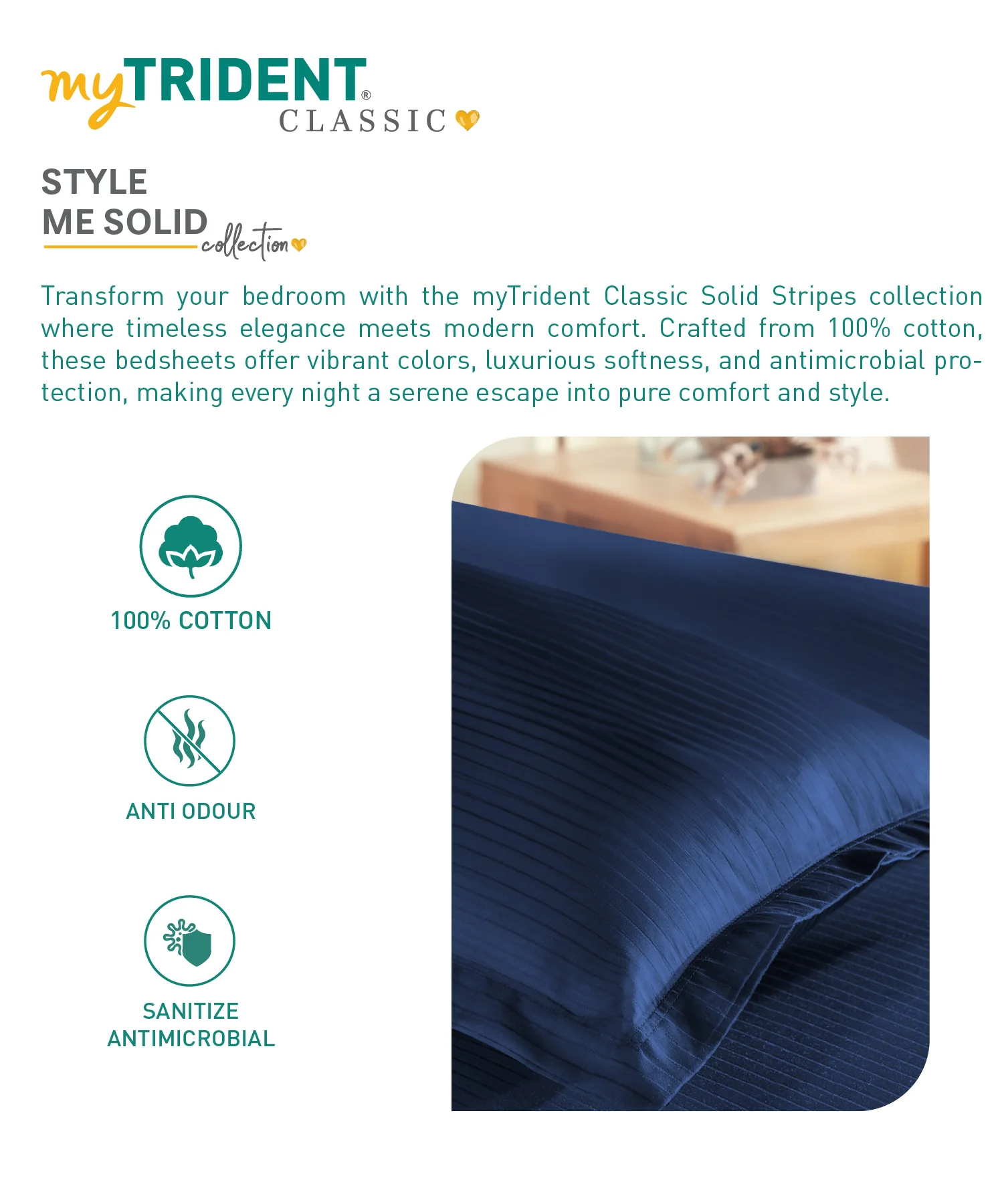 Classic Stripe Solid Dyed Single Bedsheet Set, Iron Blue|210 TC Cotton|1 Pillow Cover - Image 5