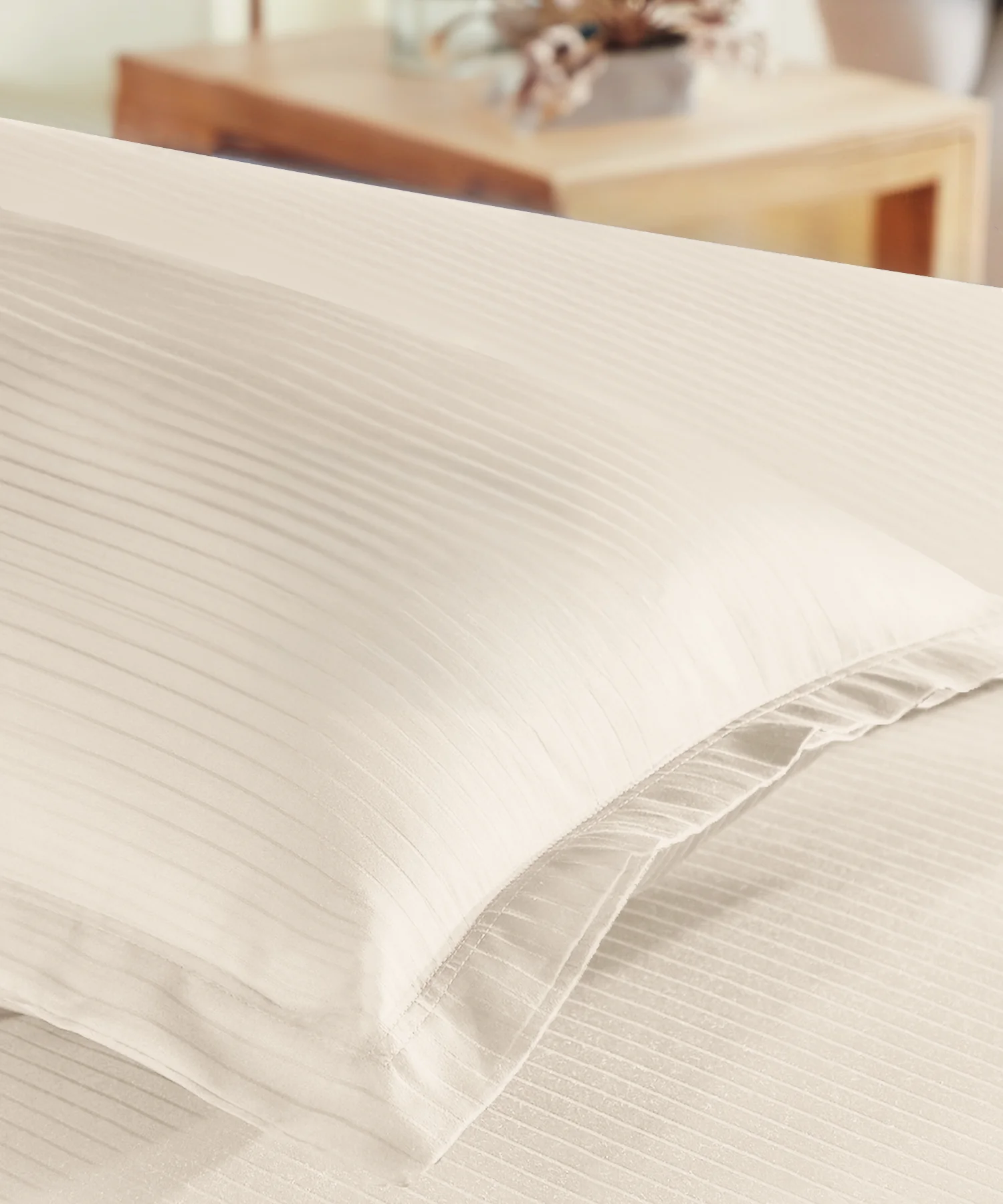 Classic Stripe Solid Dyed Single Bedsheet Set, Pearled Ivory|210 TC Cotton|1 Pillow Cover - Image 3