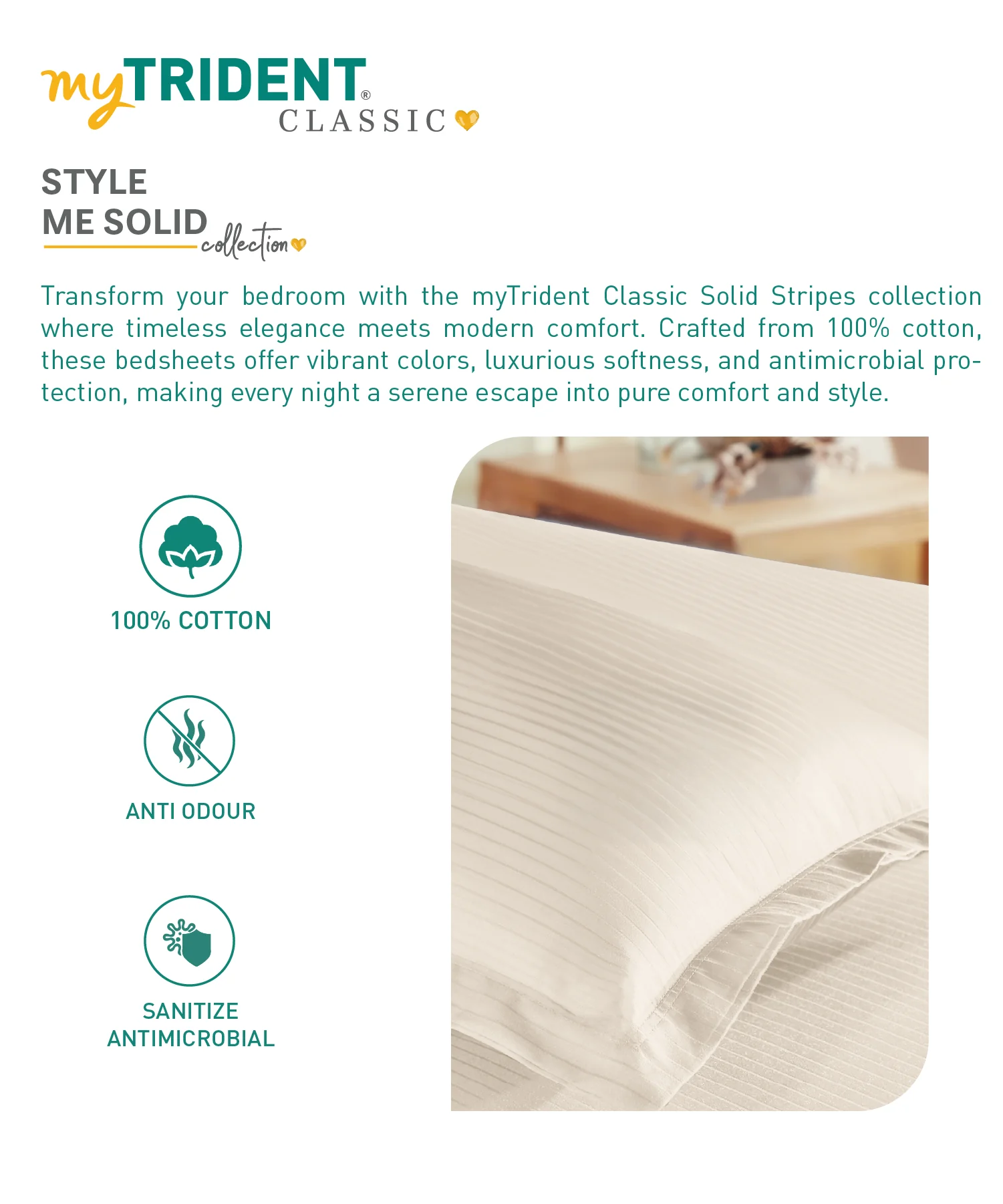 Classic Stripe Solid Dyed Single Bedsheet Set, Pearled Ivory|210 TC Cotton|1 Pillow Cover - Image 5