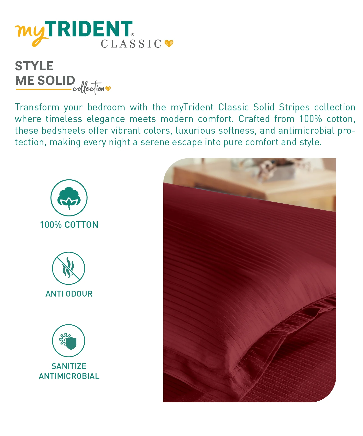 Classic Stripe Solid Dyed Single Bedsheet Set, Ruby Maroon|210 TC Cotton|1 Pillow Cover - Image 5
