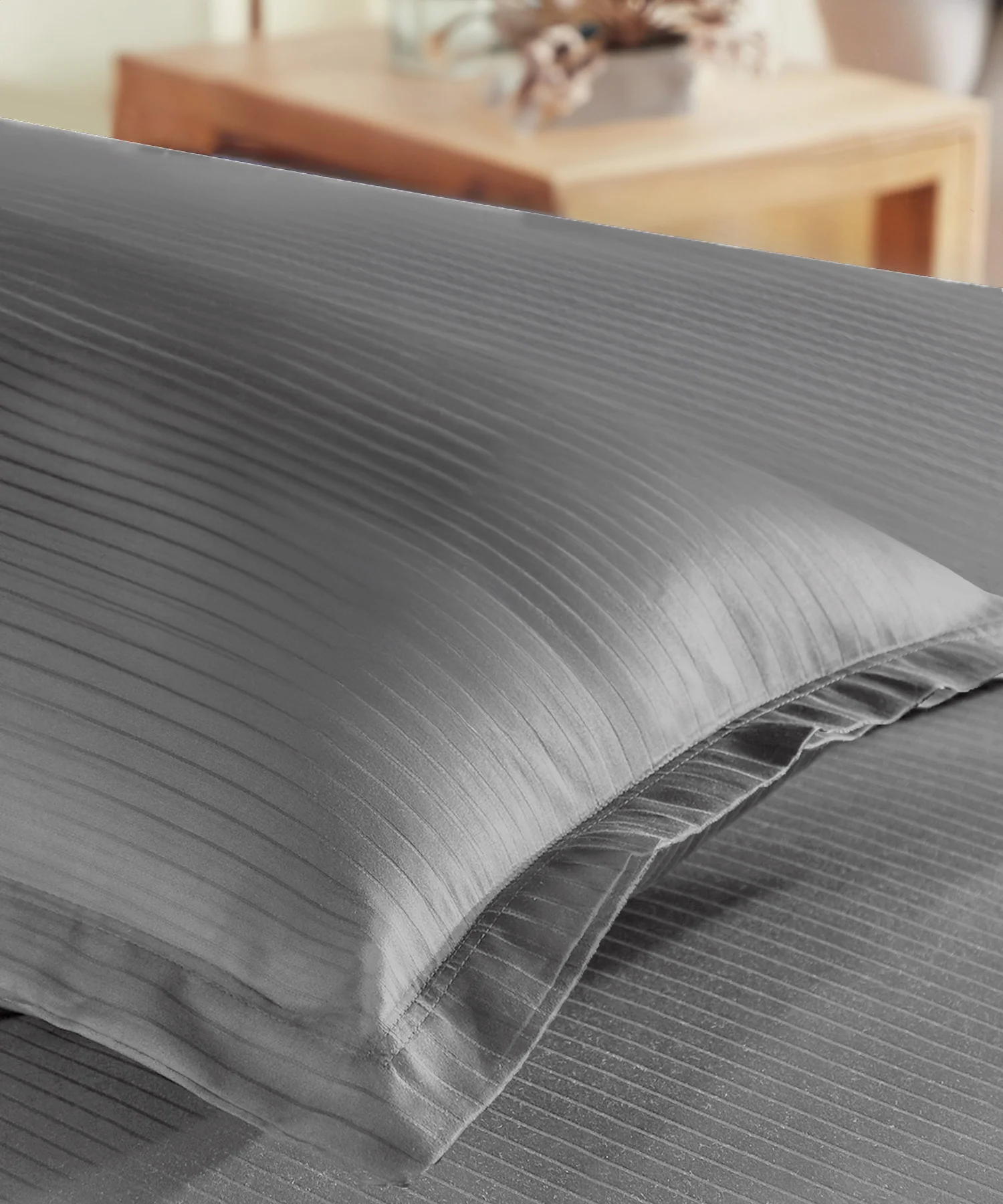 Classic Stripe Solid Dyed Single Bedsheet Set, Frost Grey|210 TC Cotton|1 Pillow Cover - Image 3