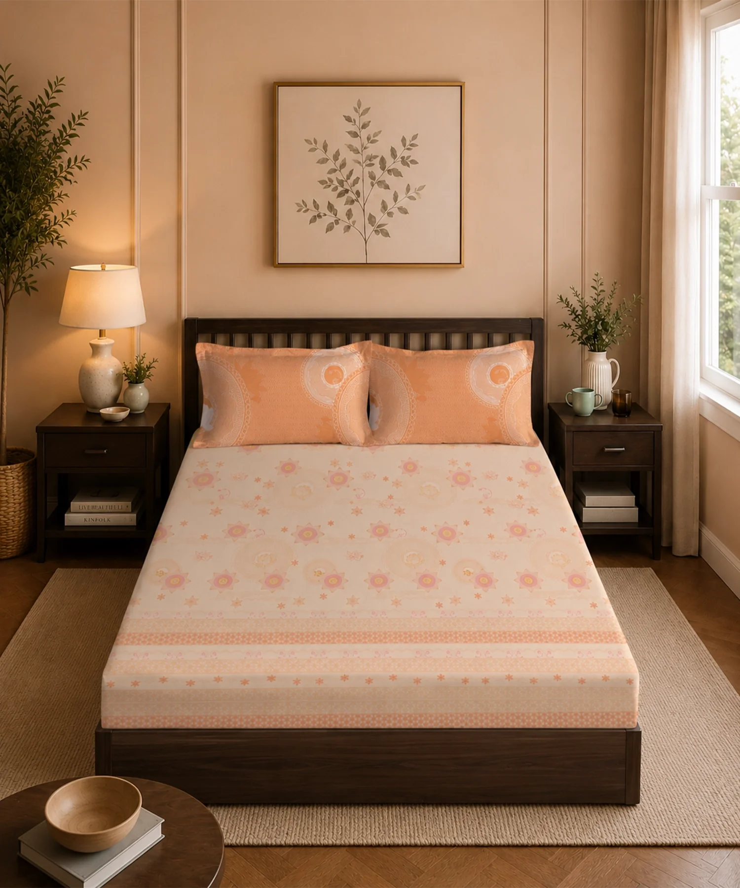 Classic Folklores King Bedsheet Set, In The Golden Hour|210 TC Cotton| 2 Pillow Covers - Image 4