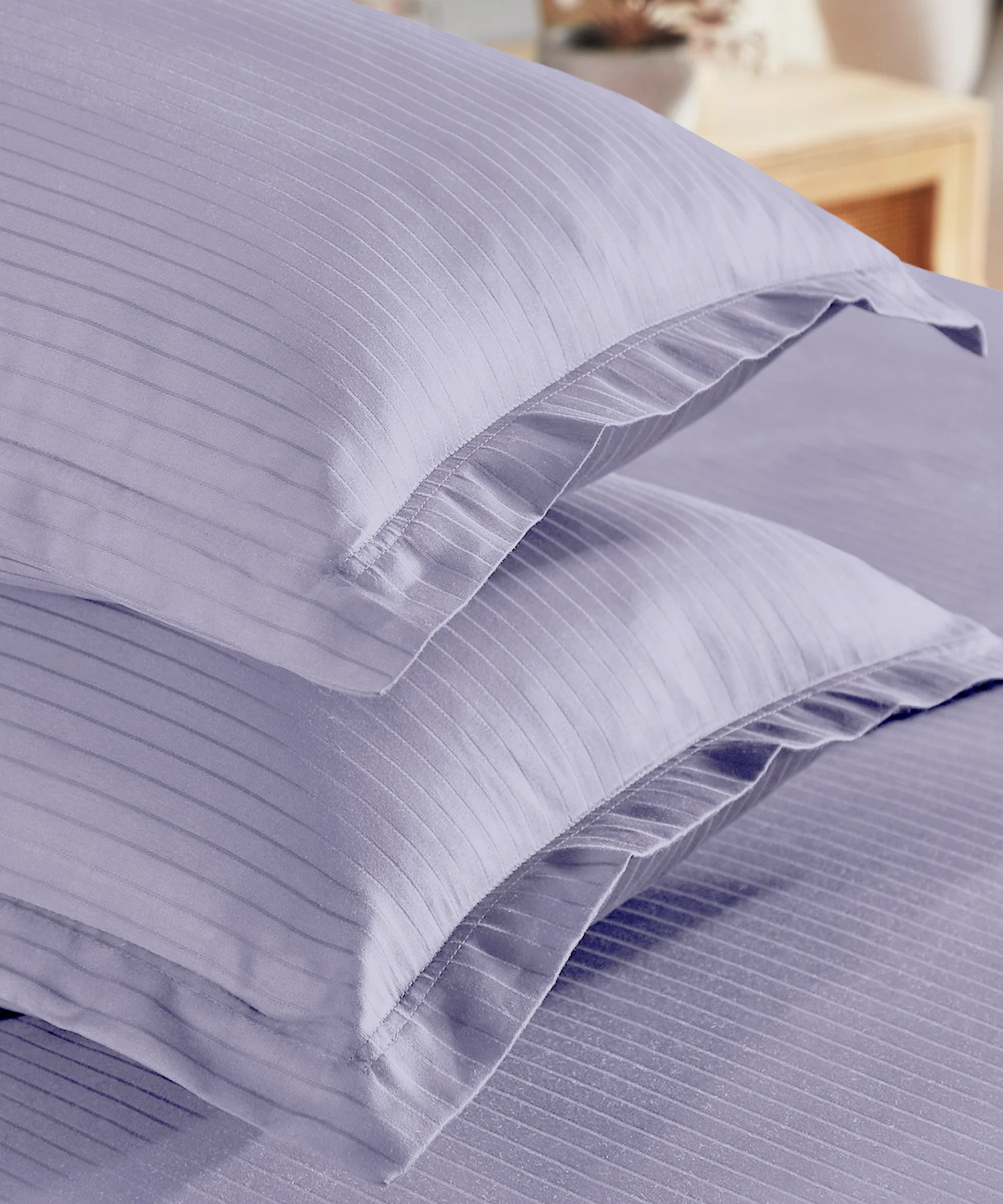 Classic Stripe Solid King Bedsheet Set, Amethyst|210 TC Cotton| 2 Pillow Covers - Image 3