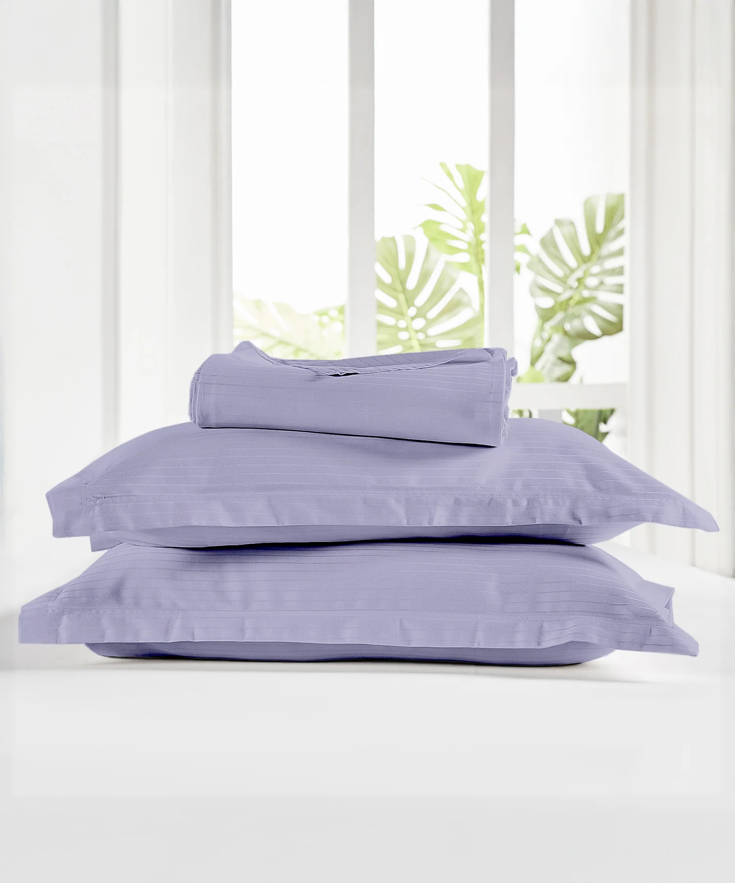 Classic Stripe Solid King Bedsheet Set, Amethyst|210 TC Cotton| 2 Pillow Covers - Image 4