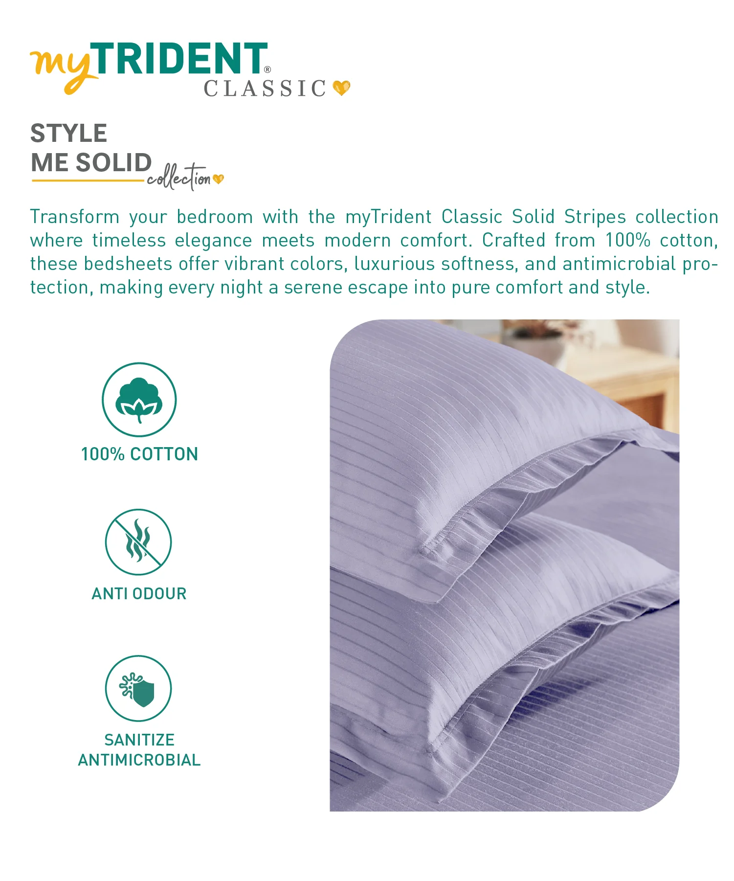 Classic Stripe Solid King Bedsheet Set, Amethyst|210 TC Cotton| 2 Pillow Covers - Image 6